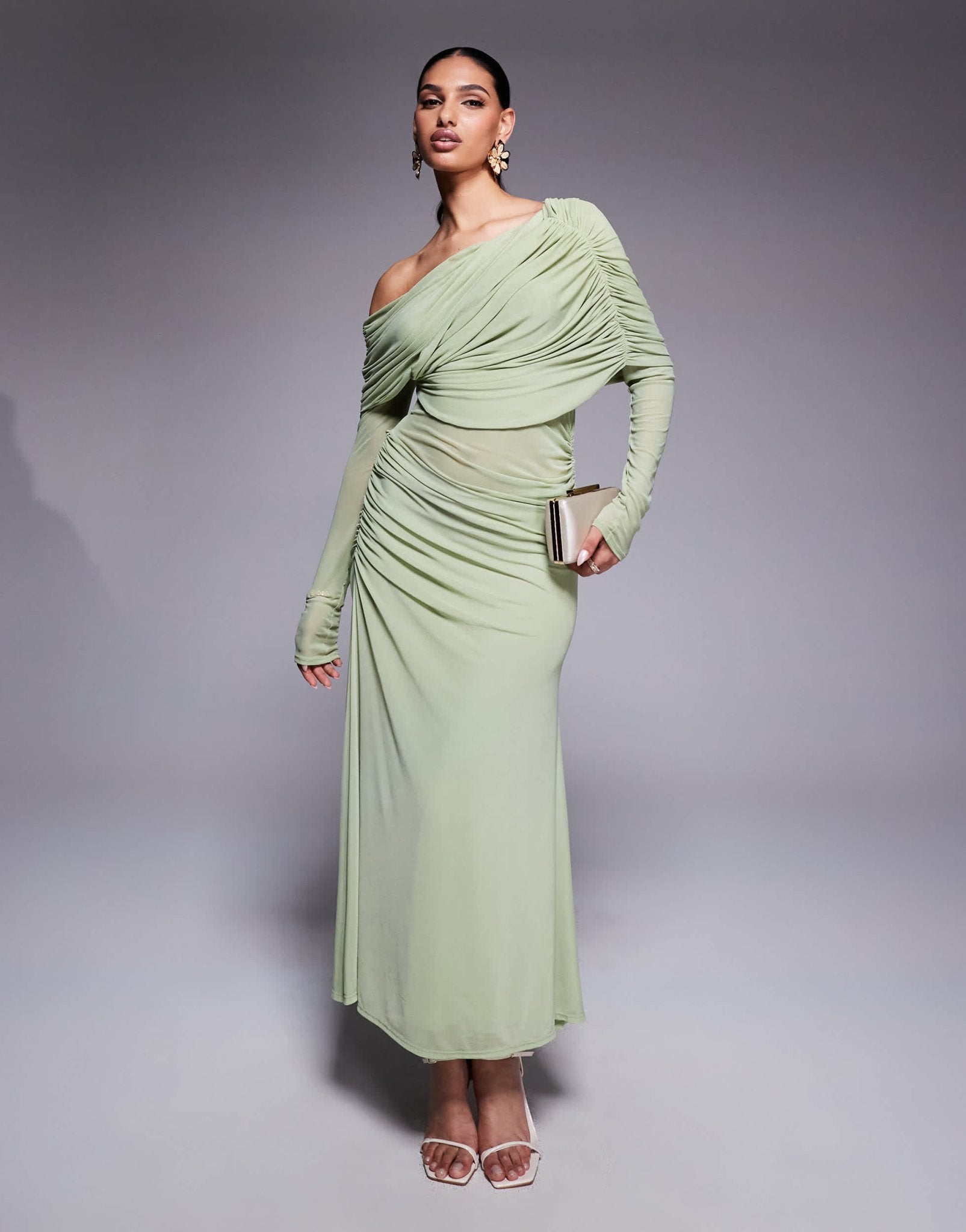 ASOS DESIGN long sleeve slouchy bardot mesh mix maxi dress in sage green - LGREEN - ASOS Sample Sale