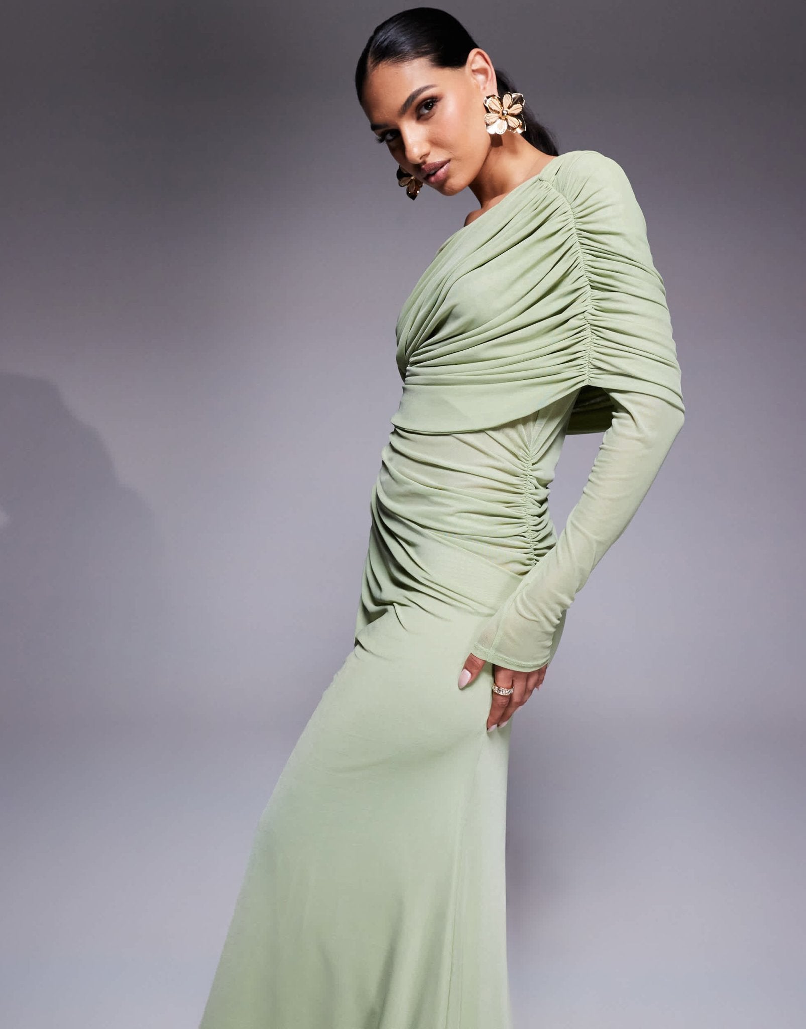ASOS DESIGN long sleeve slouchy bardot mesh mix maxi dress in sage green - LGREEN - ASOS Sample Sale
