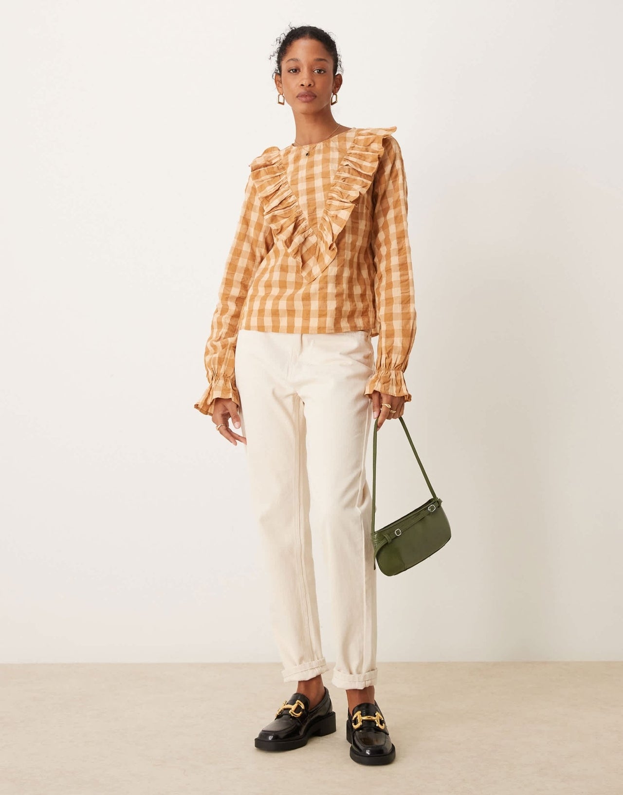 ASOS DESIGN long sleeve top with ruffle v detail in gingham - ASOS Sample Sale