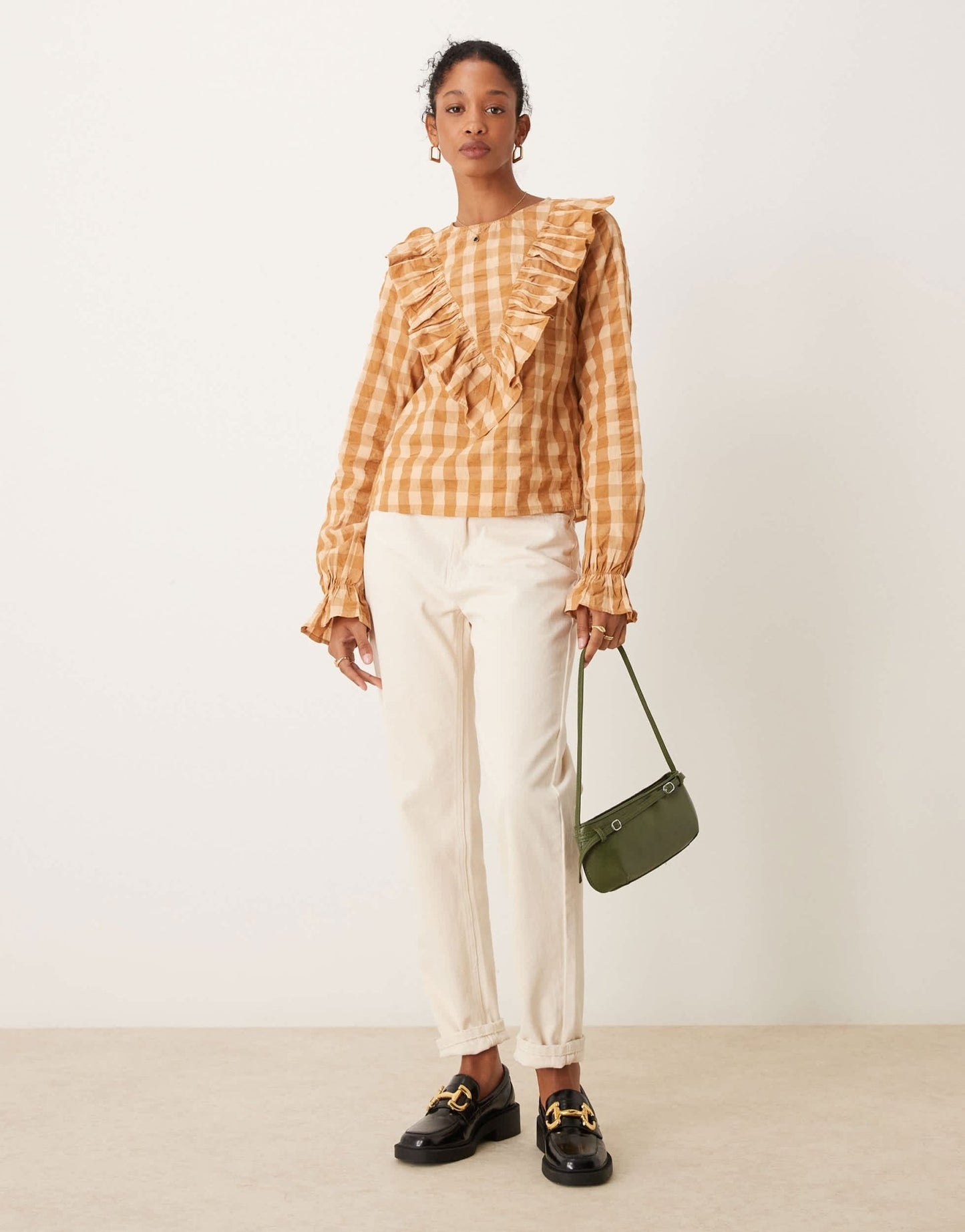 ASOS DESIGN long sleeve top with ruffle v detail in gingham - ASOS Sample Sale