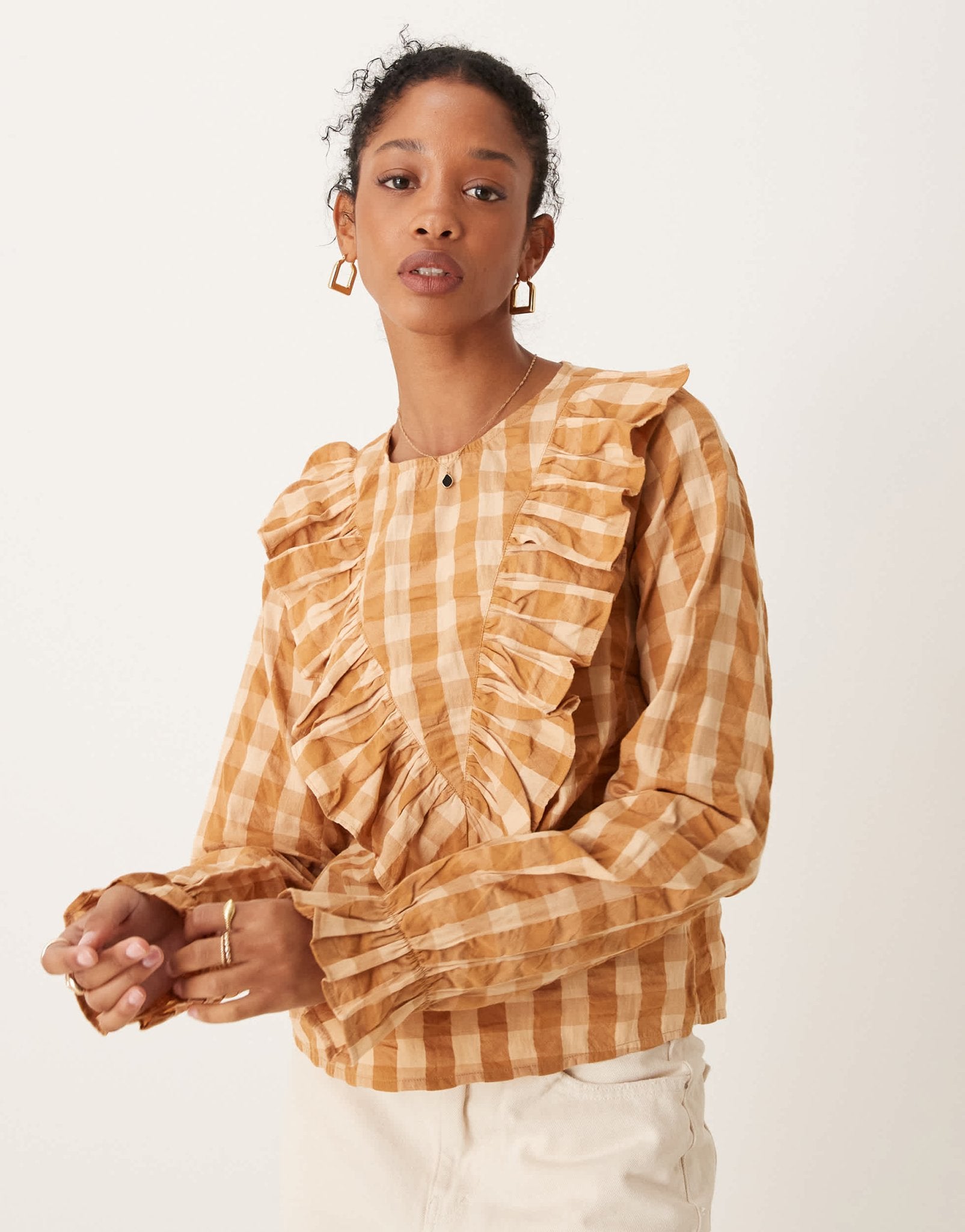 ASOS DESIGN long sleeve top with ruffle v detail in gingham - ASOS Sample Sale