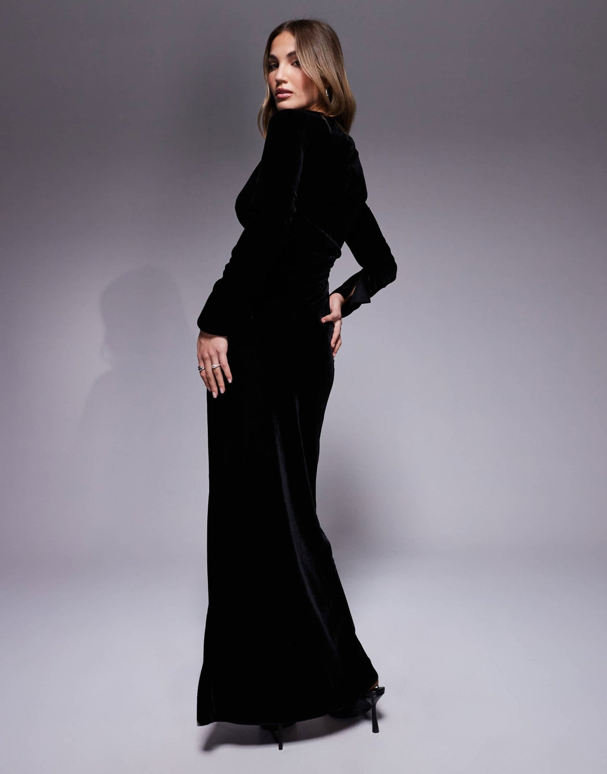 ASOS DESIGN long sleeve tucked velvet bias maxi dress in black - ASOS Sample Sale