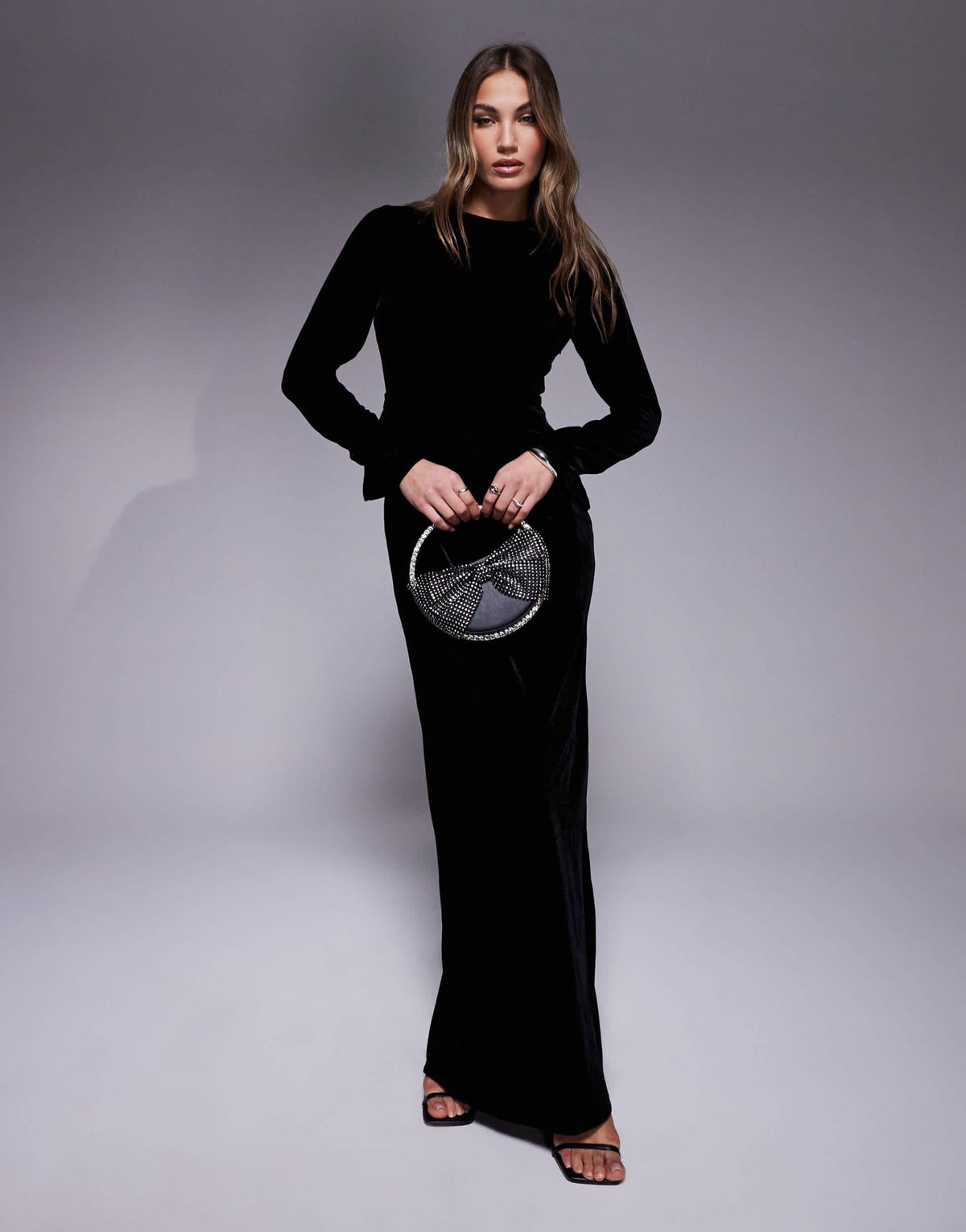 ASOS DESIGN long sleeve tucked velvet bias maxi dress in black - ASOS Sample Sale