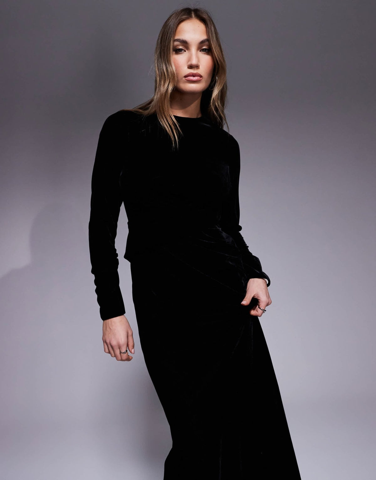 ASOS DESIGN long sleeve tucked velvet bias maxi dress in black - ASOS Sample Sale