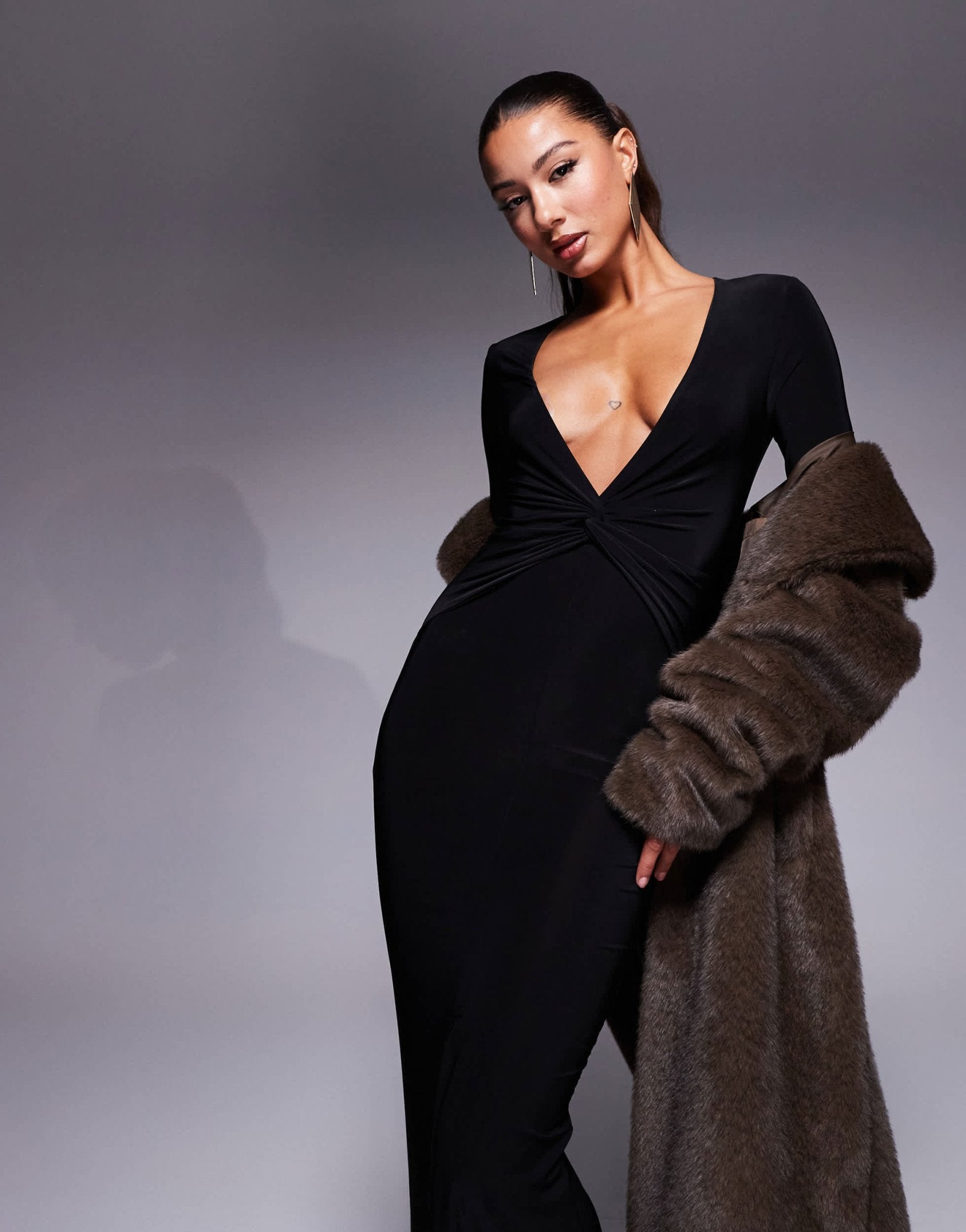 ASOS DESIGN long sleeve twist front deep plunge maxi dress in black - ASOS Sample Sale