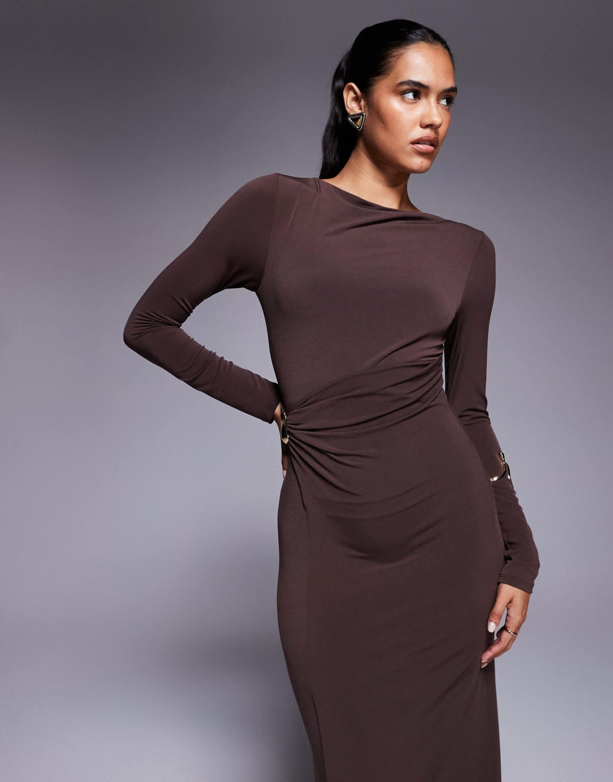 ASOS DESIGN long sleeve twist hardwear detail midi dress in chocolate - ASOS Sample Sale