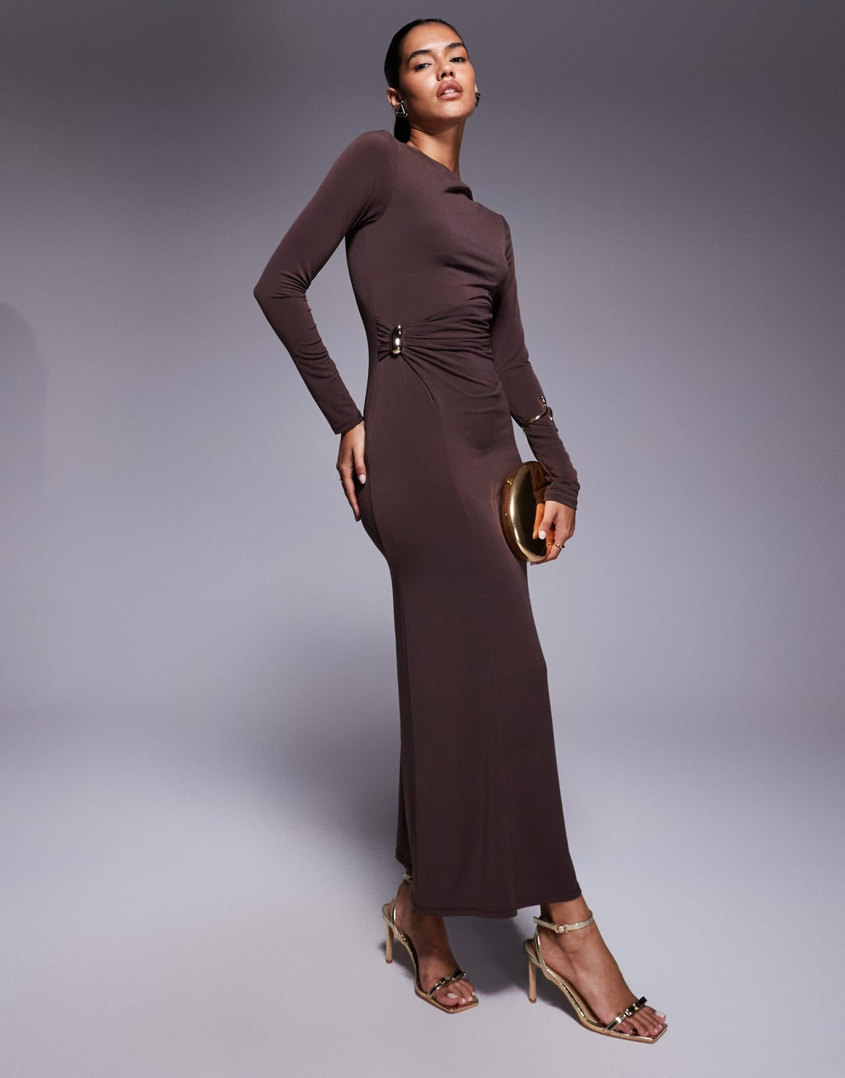 ASOS DESIGN long sleeve twist hardwear detail midi dress in chocolate - ASOS Sample Sale