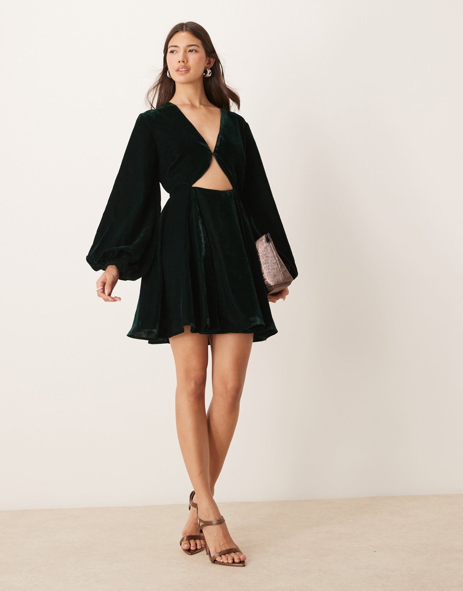 ASOS DESIGN long sleeve velvet cut out mini dress in dark green - ASOS Sample Sale