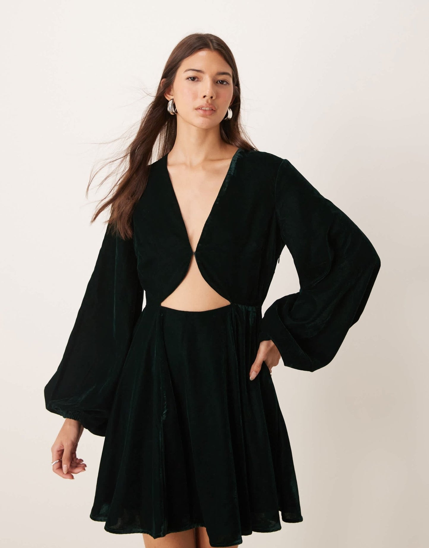 ASOS DESIGN long sleeve velvet cut out mini dress in dark green - ASOS Sample Sale