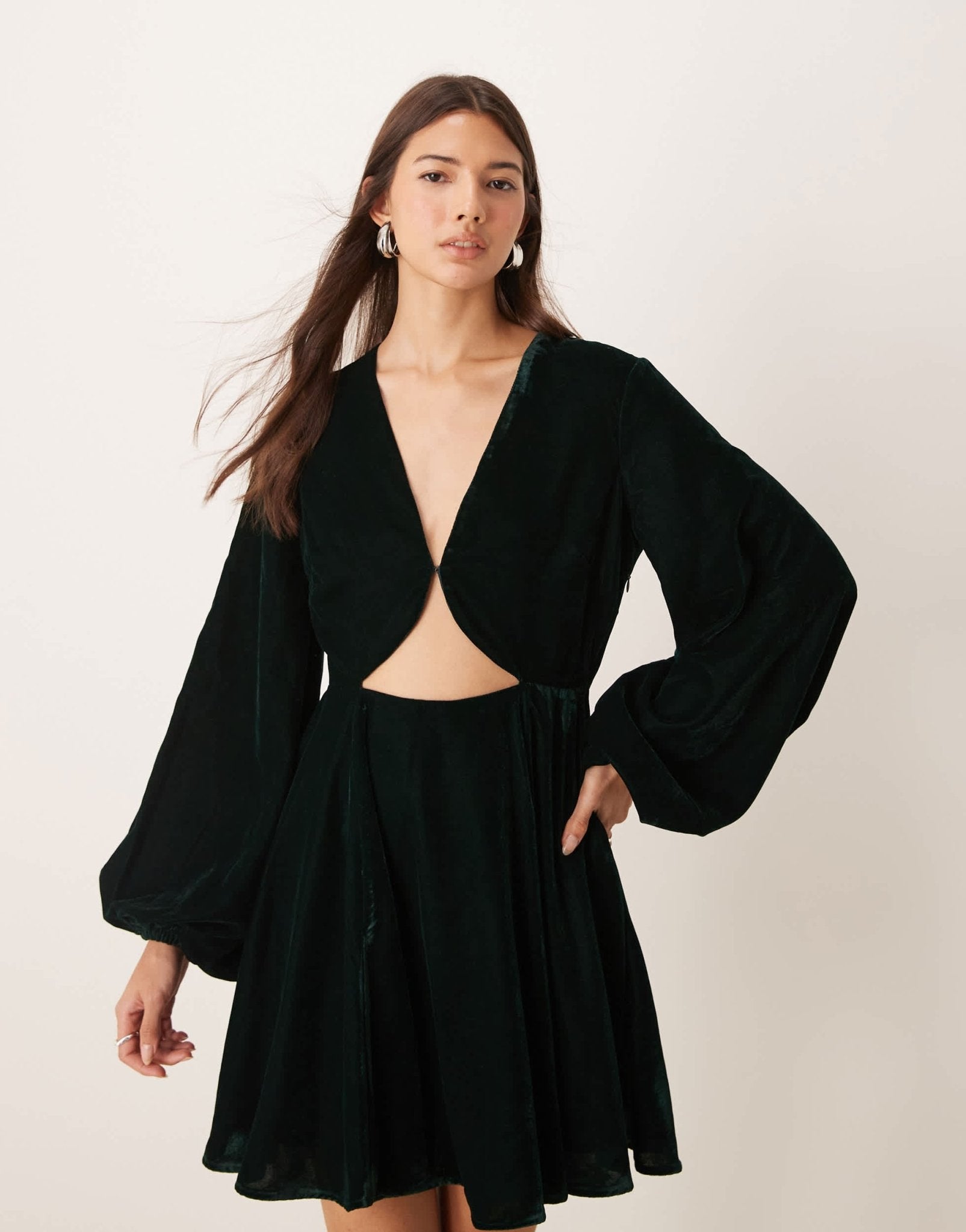 ASOS DESIGN long sleeve velvet cut out mini dress in dark green - ASOS Sample Sale