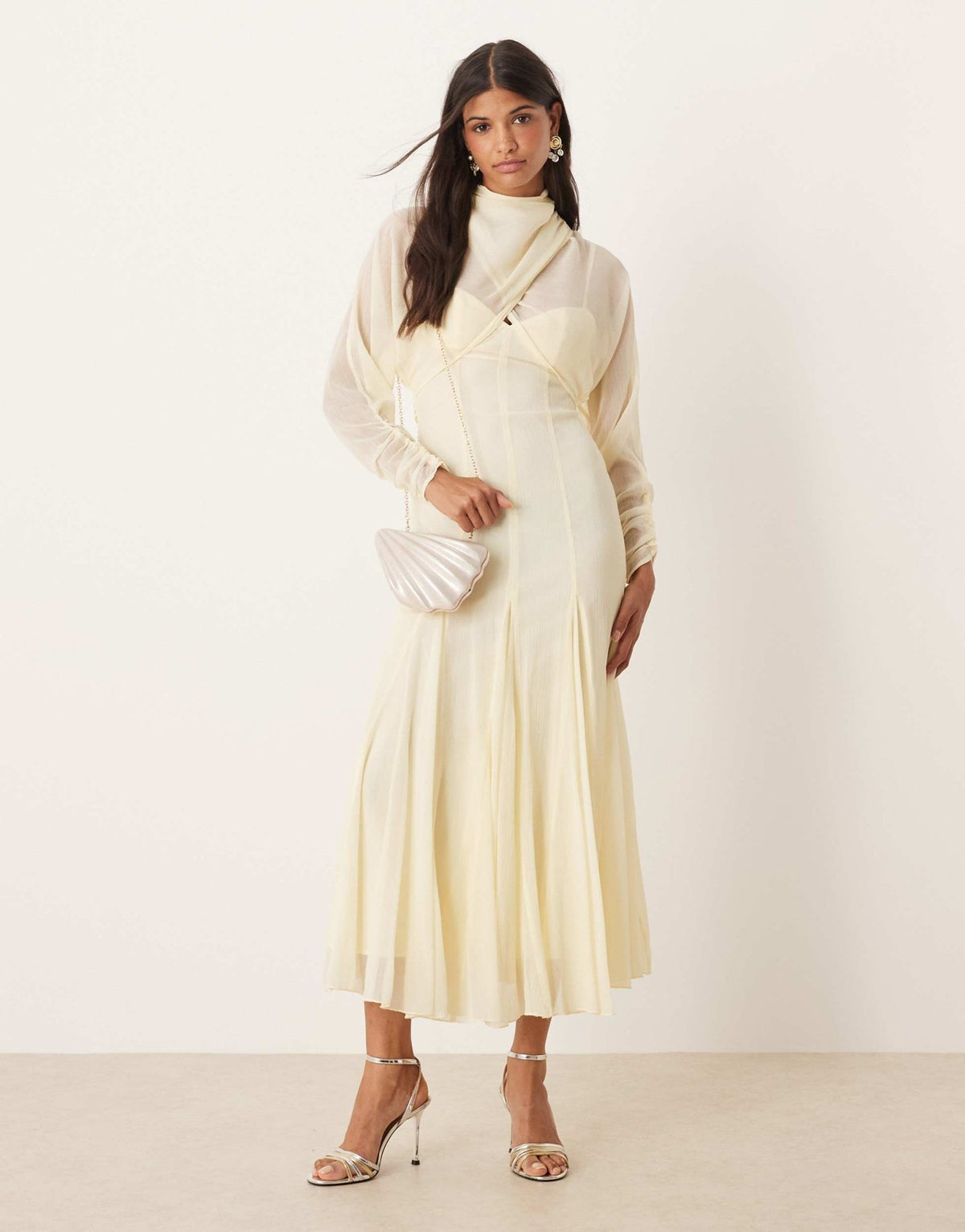 ASOS DESIGN long sleeve wrap over top dress with godet full skirt and low back midi dress in buttermilk - ASOS Sample Sale