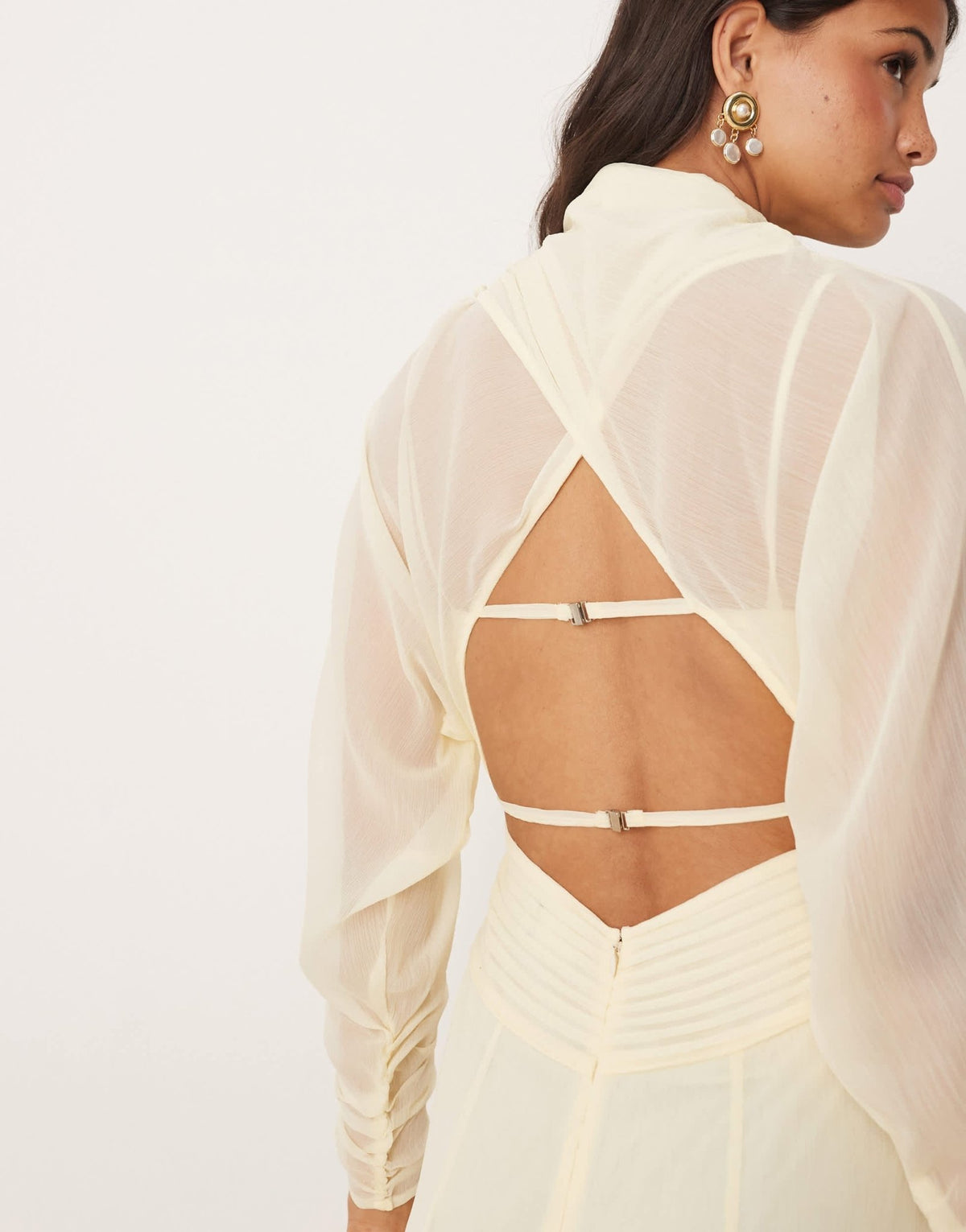ASOS DESIGN long sleeve wrap over top dress with godet full skirt and low back midi dress in buttermilk - ASOS Sample Sale