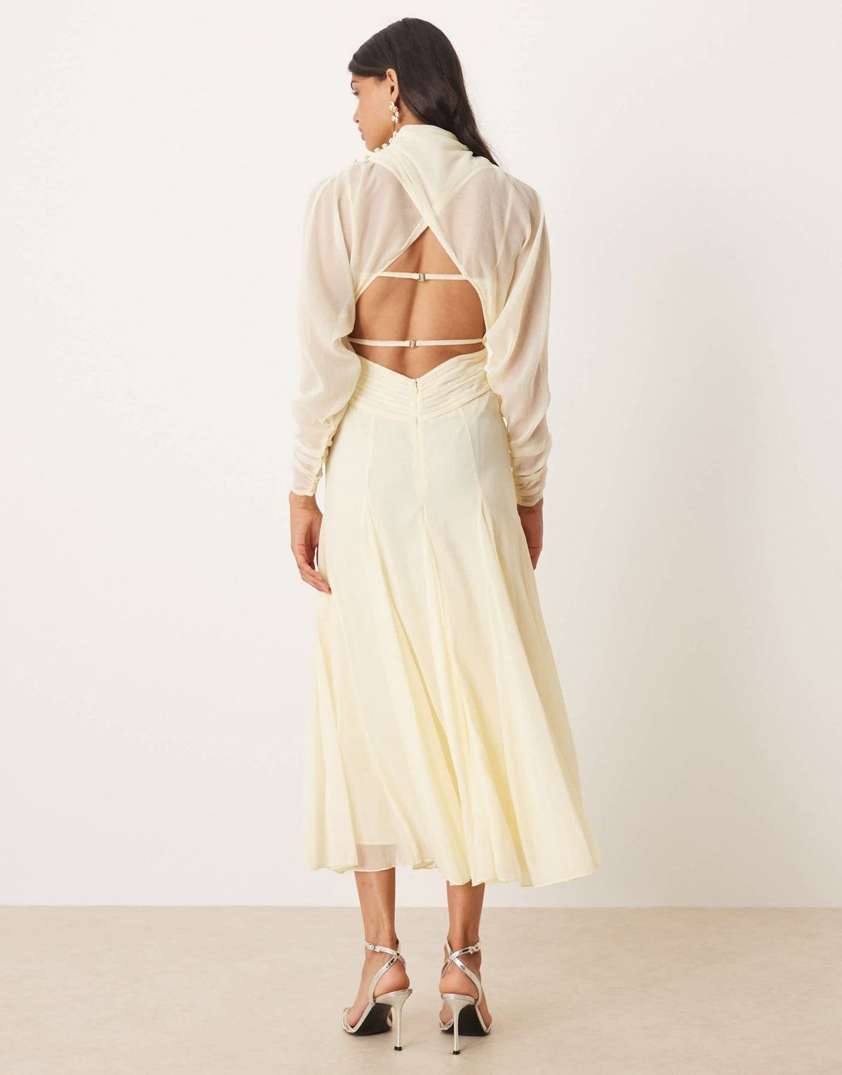ASOS DESIGN long sleeve wrap over top dress with godet full skirt and low back midi dress in buttermilk - ASOS Sample Sale