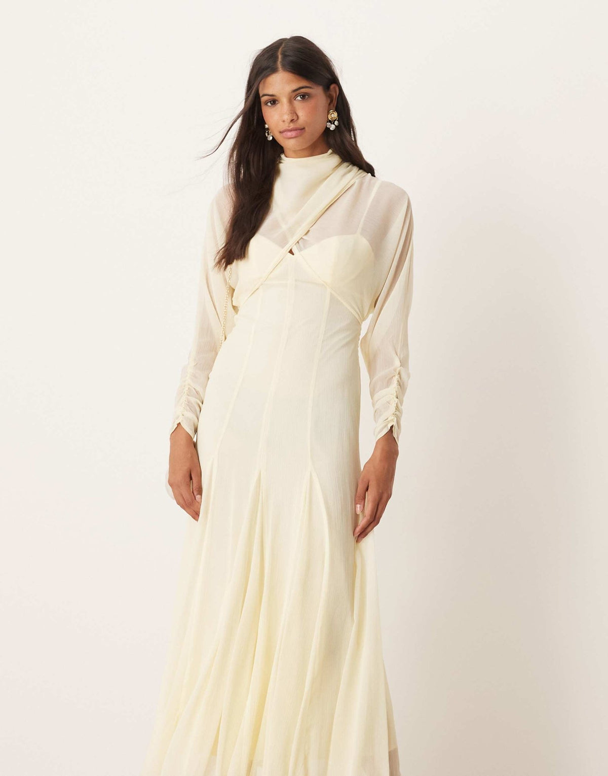 ASOS DESIGN long sleeve wrap over top dress with godet full skirt and low back midi dress in buttermilk - ASOS Sample Sale