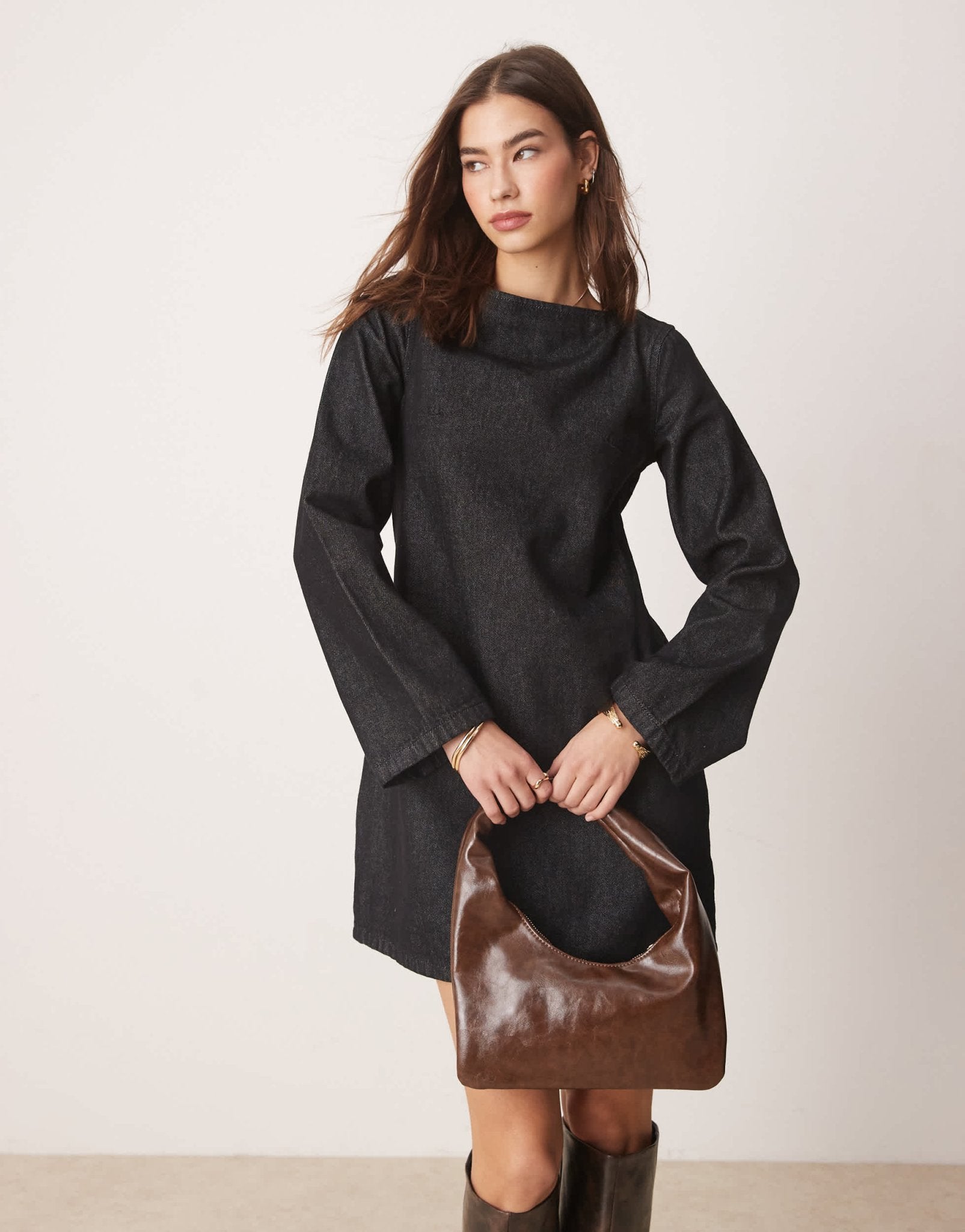 ASOS DESIGN long sleeved denim shift dress with contrast stitching in black ecru - ASOS Sample Sale