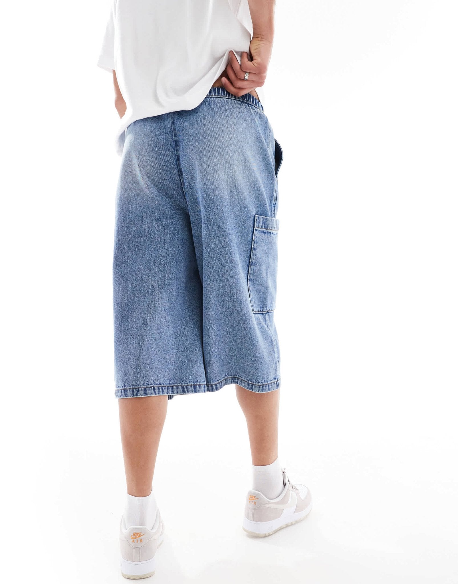 ASOS DESIGN longer length denim jort in mid wash blue with cargo pocket details - ASOS Sample Sale