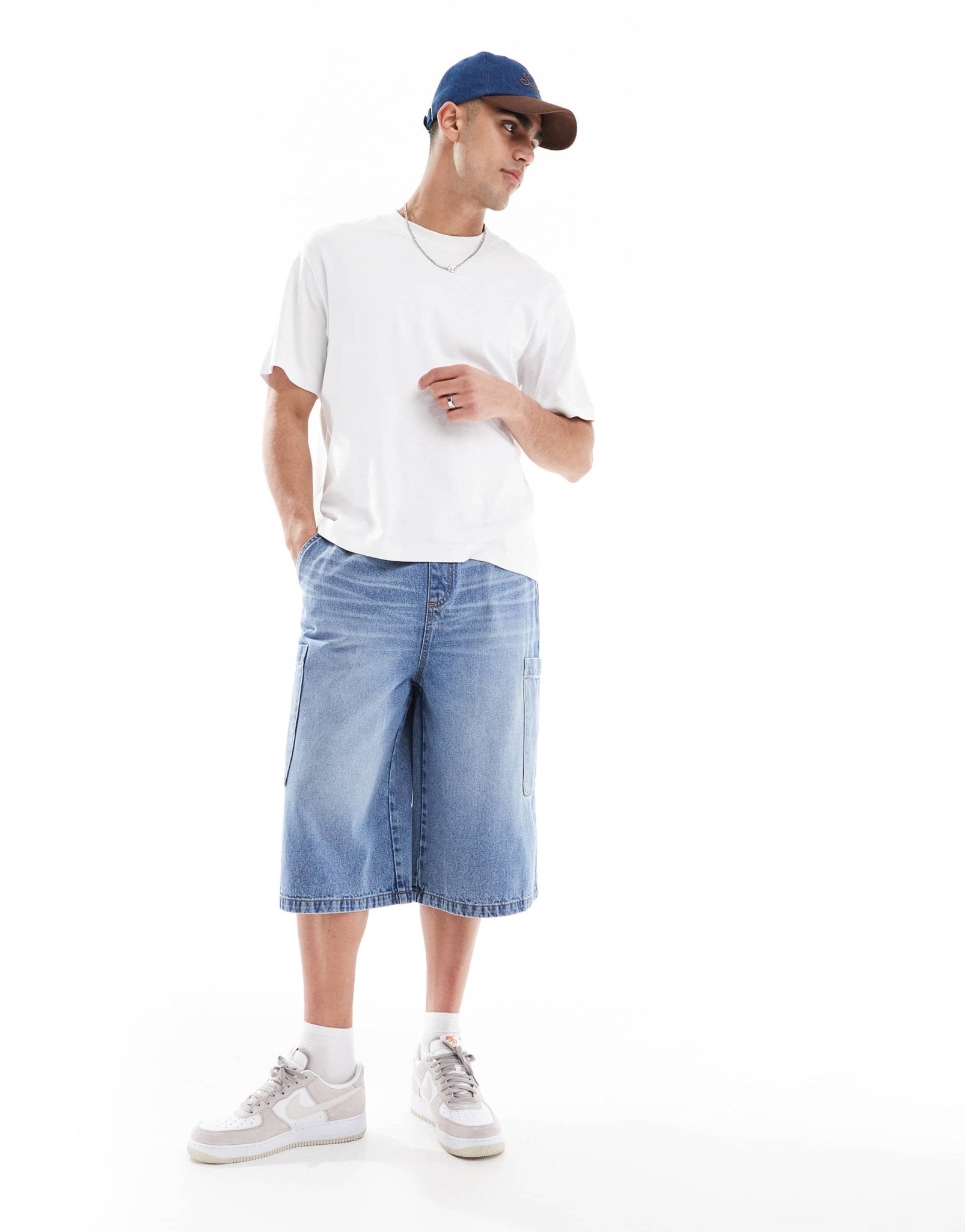 ASOS DESIGN longer length denim jort in mid wash blue with cargo pocket details - ASOS Sample Sale