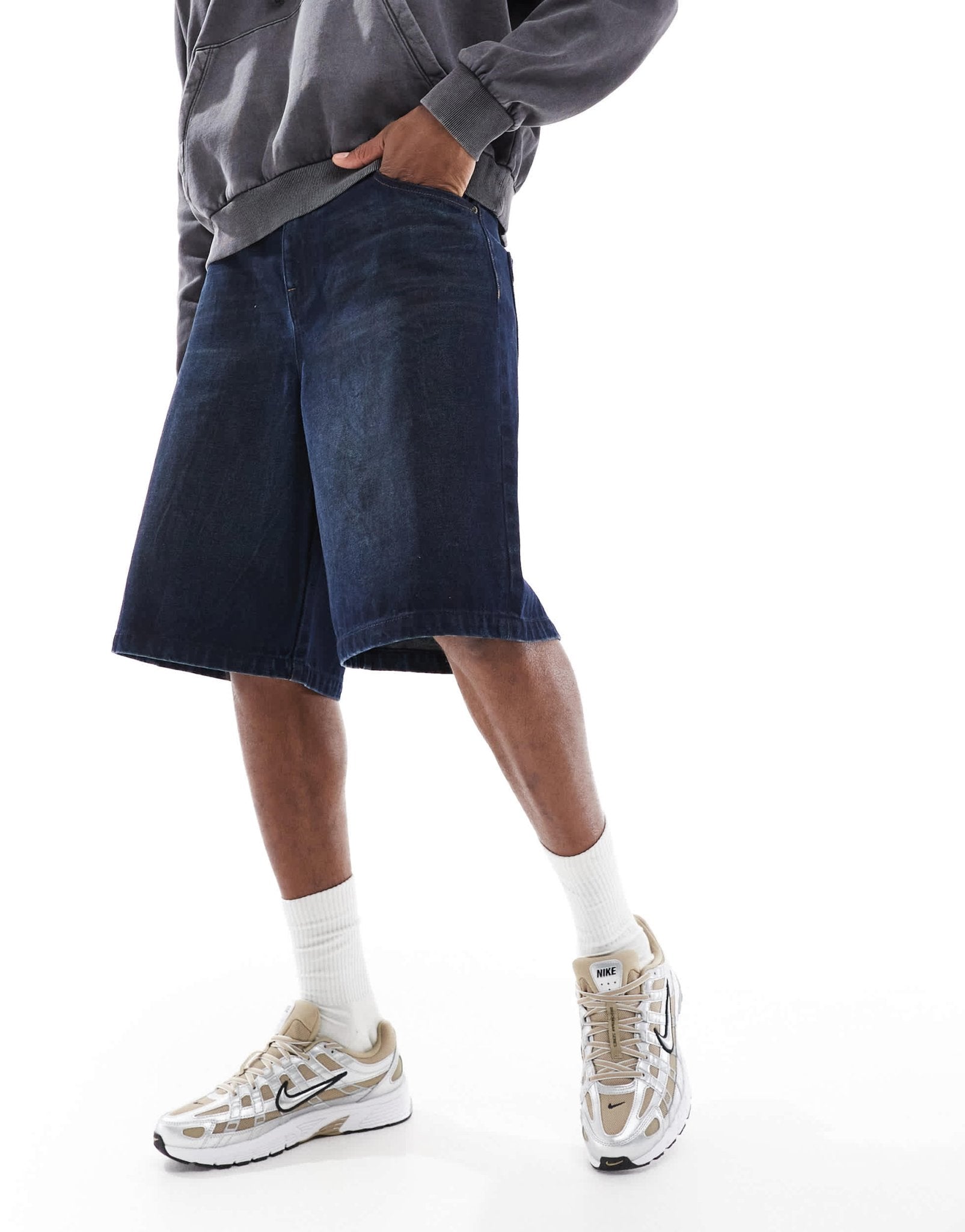 ASOS DESIGN longer length denim jorts in mid wash blue - ASOS Sample Sale