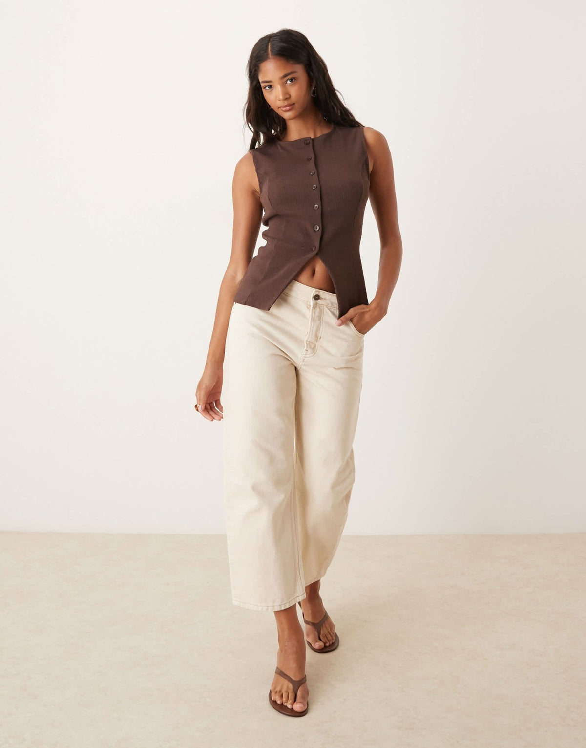 ASOS DESIGN longline cinched rib button through top in brown - ASOS Sample Sale