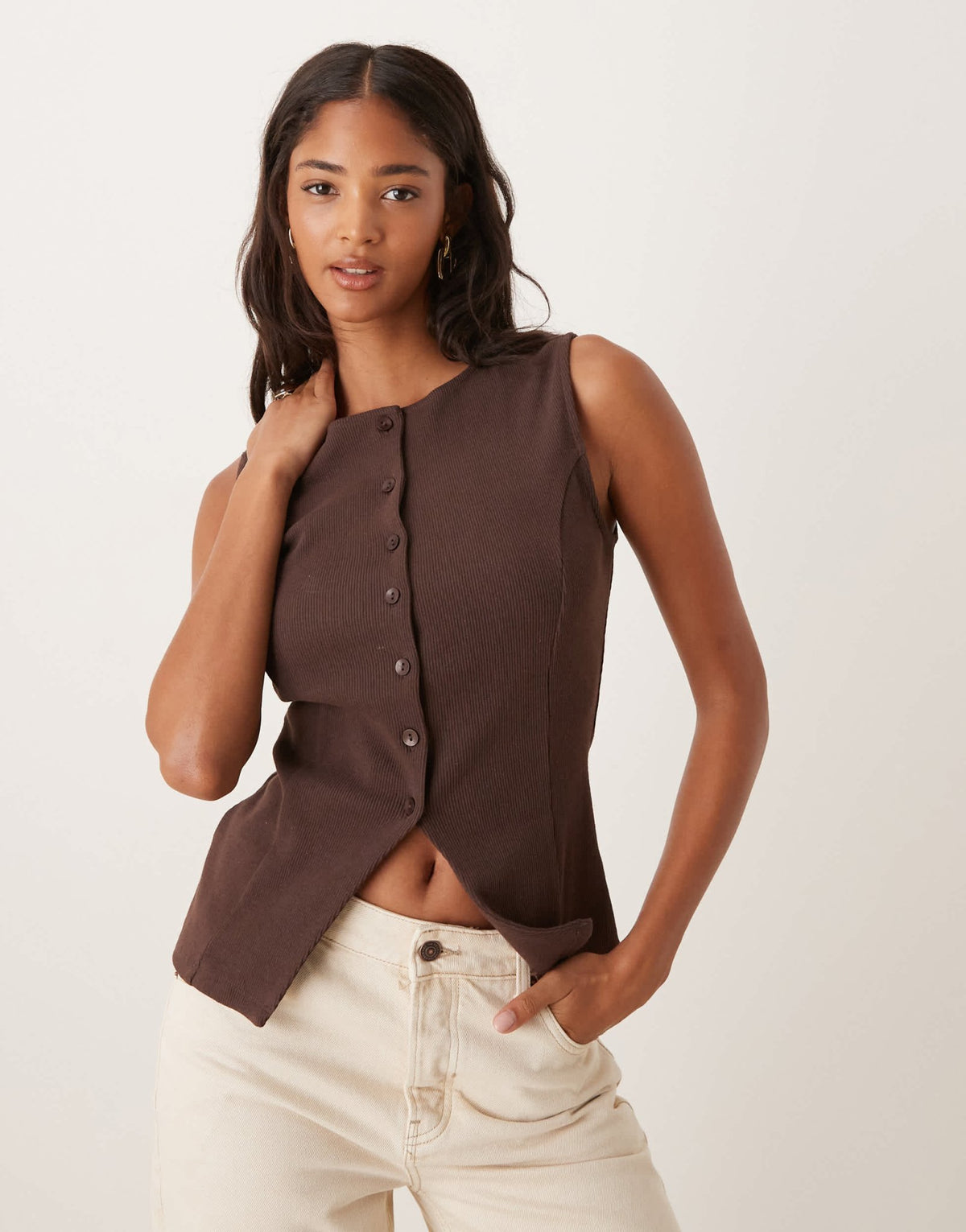 ASOS DESIGN longline cinched rib button through top in brown - ASOS Sample Sale