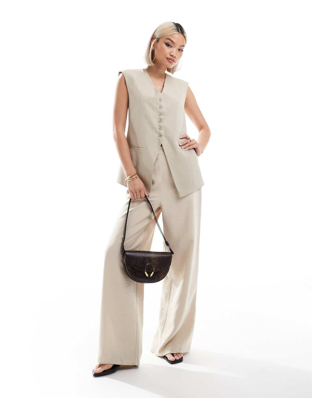 ASOS DESIGN longline exaggerated shoulder waistcoat in stone - ASOS Sample Sale