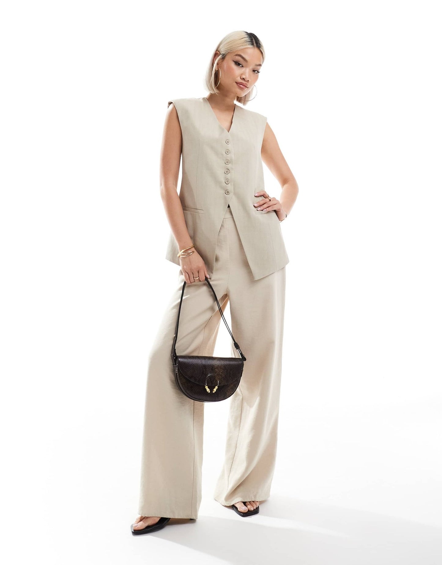 ASOS DESIGN longline exaggerated shoulder waistcoat in stone - ASOS Sample Sale