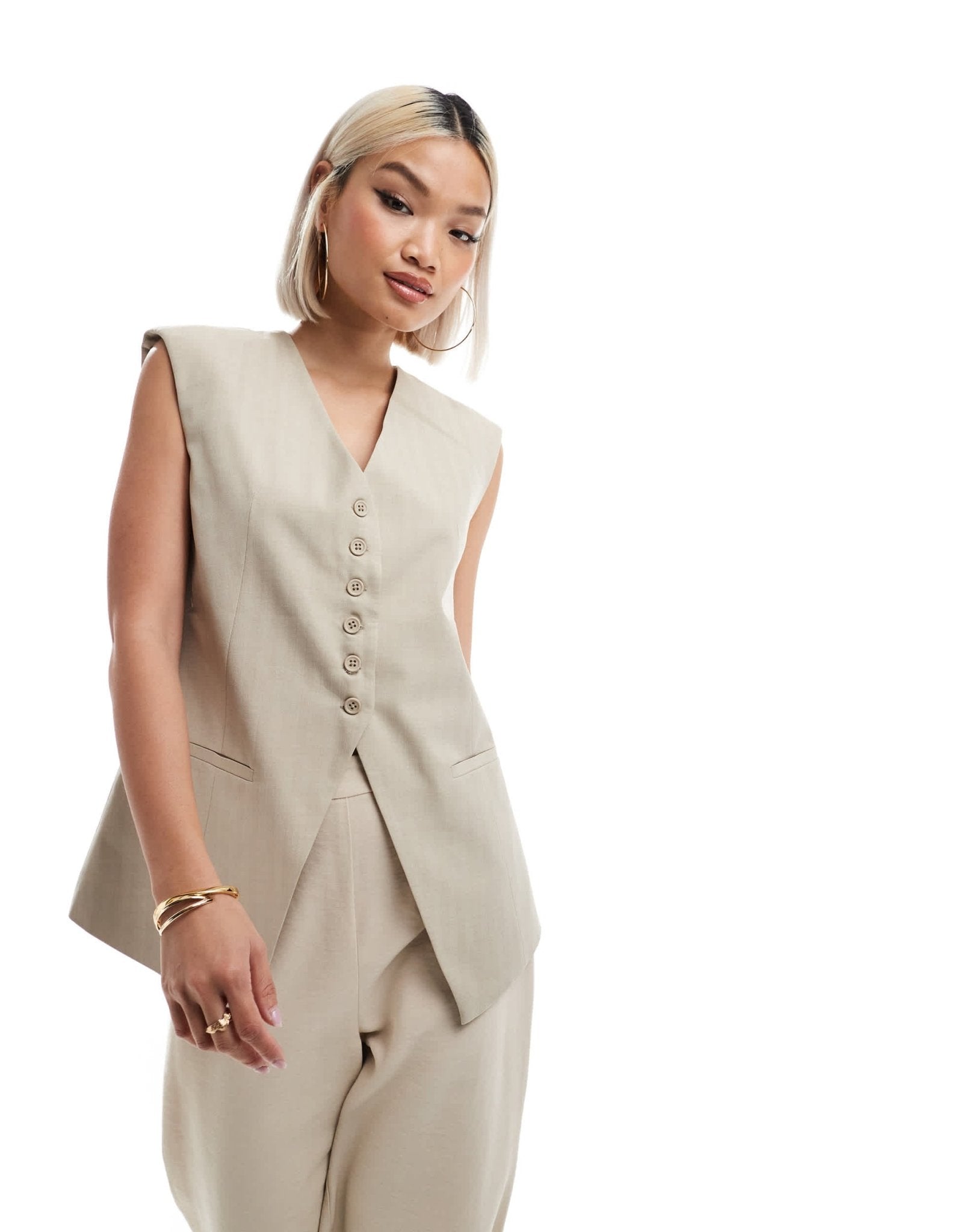 ASOS DESIGN longline exaggerated shoulder waistcoat in stone - ASOS Sample Sale