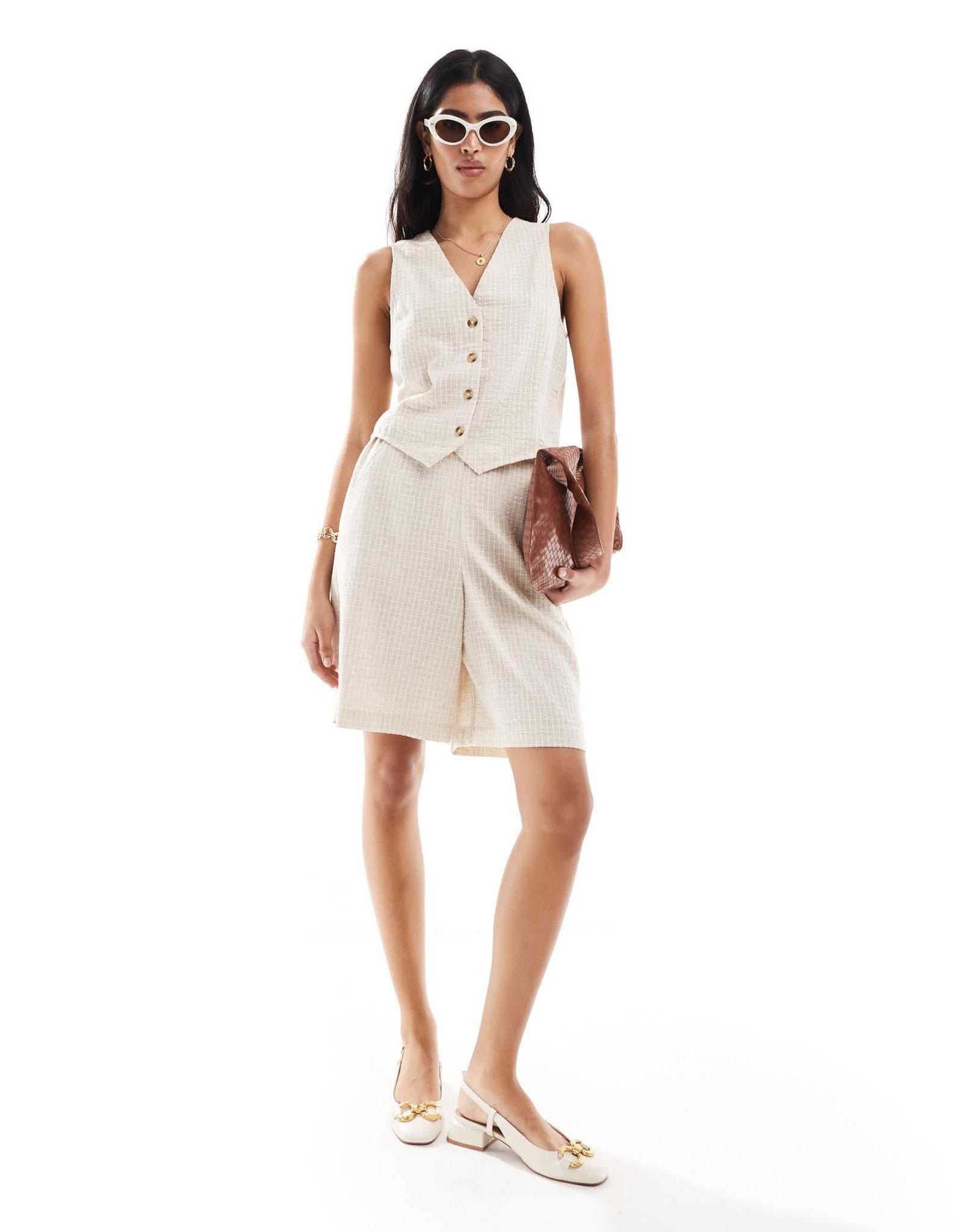 ASOS DESIGN longline short with linen in natural check co - ord - ASOS Sample Sale
