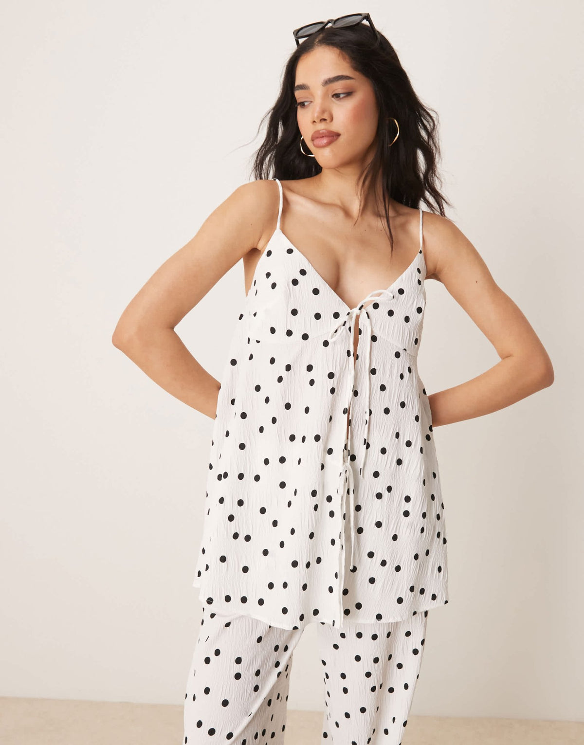 ASOS DESIGN longline tie front cami co-ord in textured polka dot in white - WHITE - ASOS Sample Sale