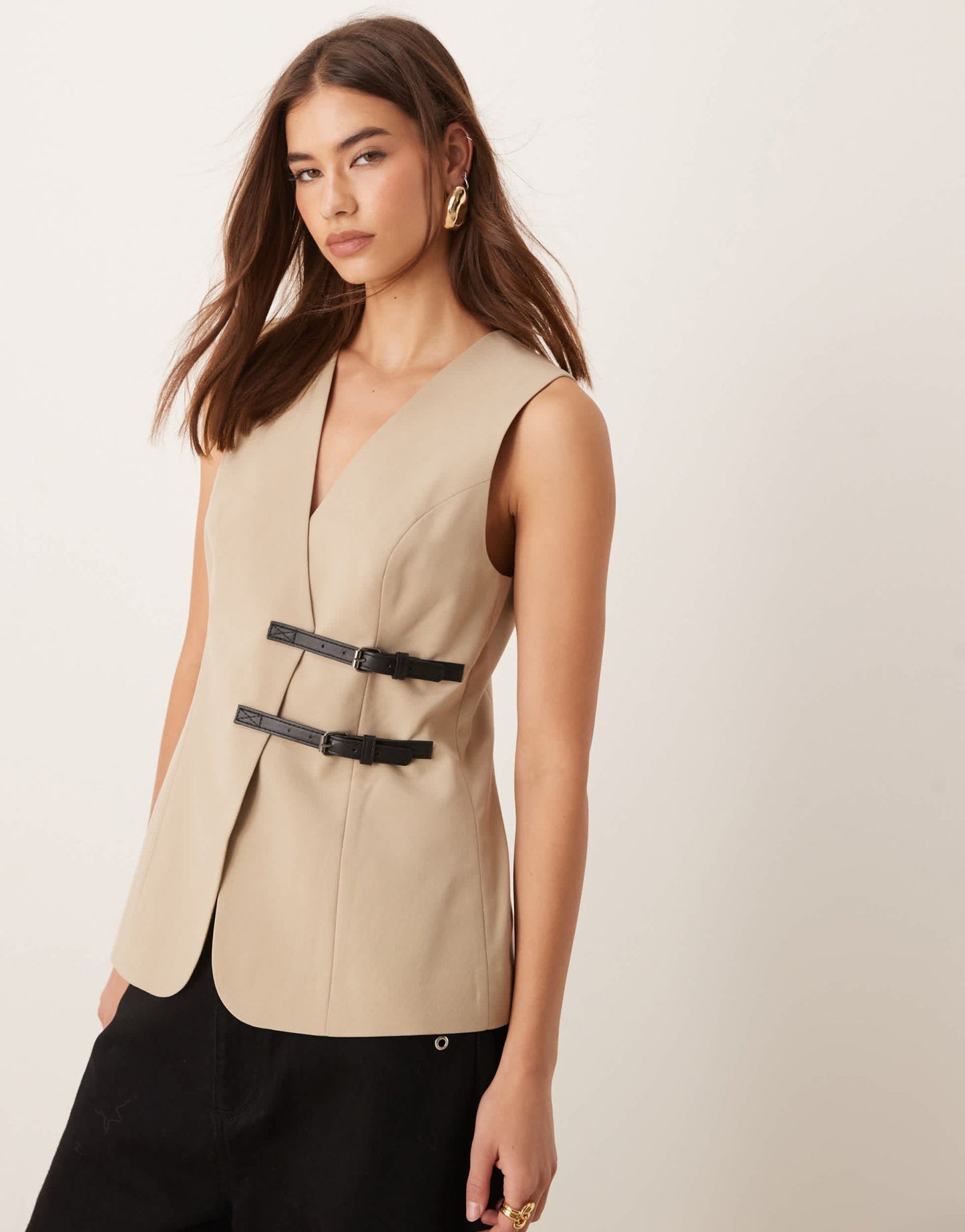 ASOS DESIGN longline waistcoat with belt detail in stone - ASOS Sample Sale