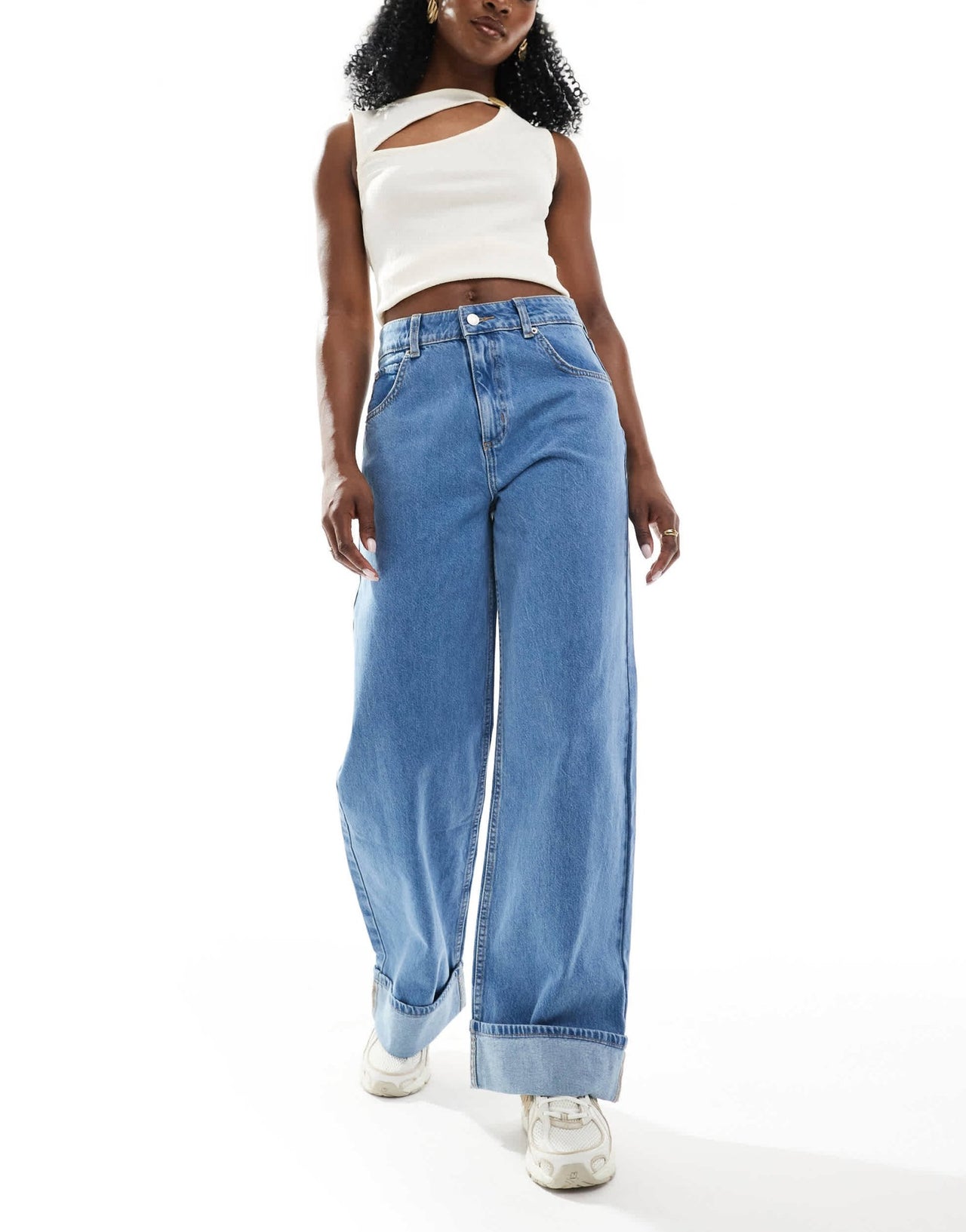 ASOS DESIGN loose jean with deep turn up cuff in clean mid blue - ASOS Sample Sale