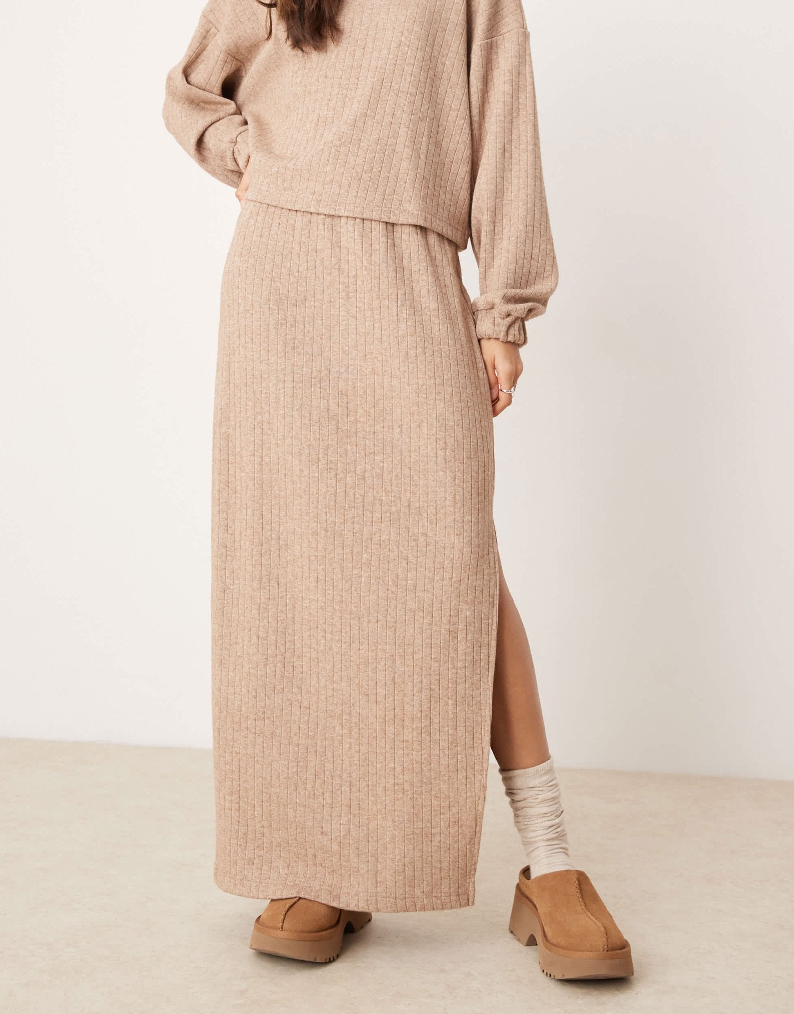 ASOS DESIGN lounge mix and match wide rib skirt in brown - ASOS Sample Sale