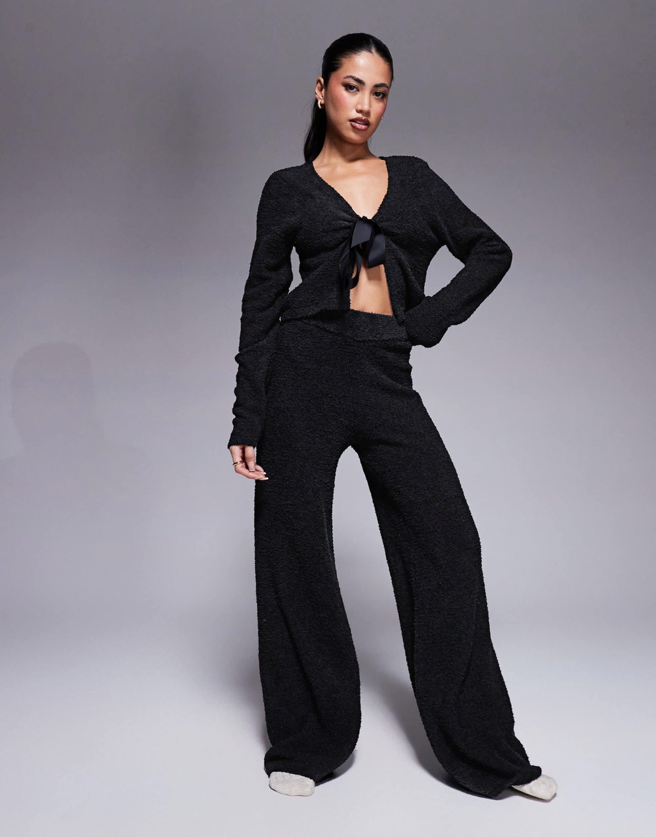 ASOS DESIGN lounge sock tie front cardigan in black - ASOS Sample Sale