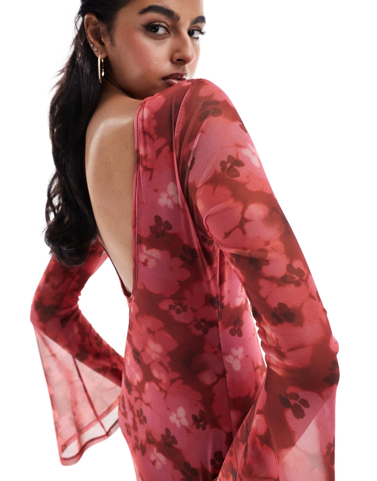 ASOS DESIGN low back floral mesh maxi dress with angel sleeves in red floral print - ASOS Sample Sale