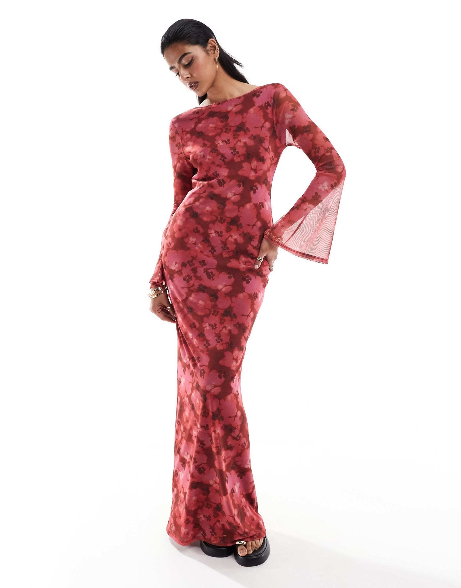 ASOS DESIGN low back floral mesh maxi dress with angel sleeves in red floral print - ASOS Sample Sale