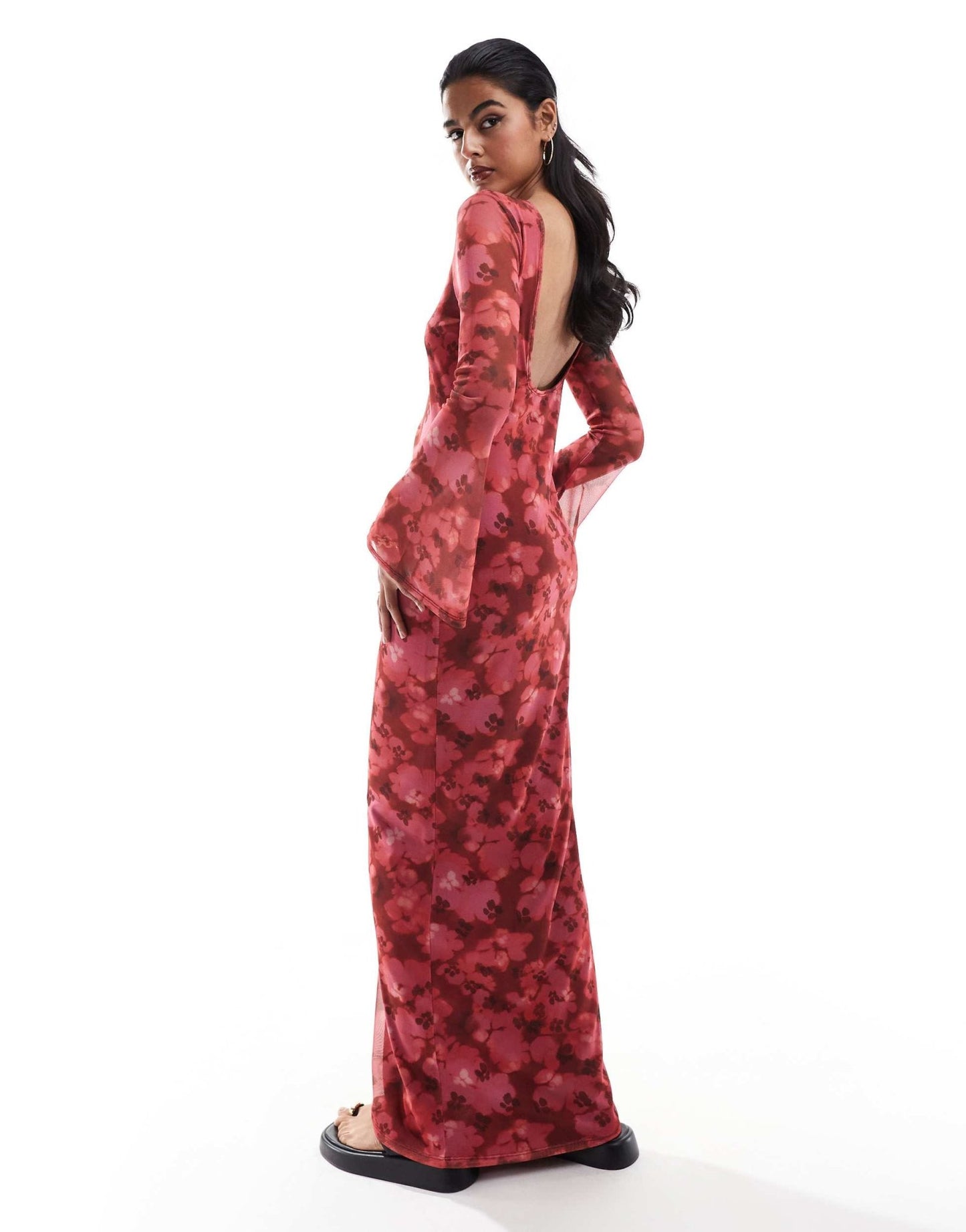 ASOS DESIGN low back floral mesh maxi dress with angel sleeves in red floral print - ASOS Sample Sale