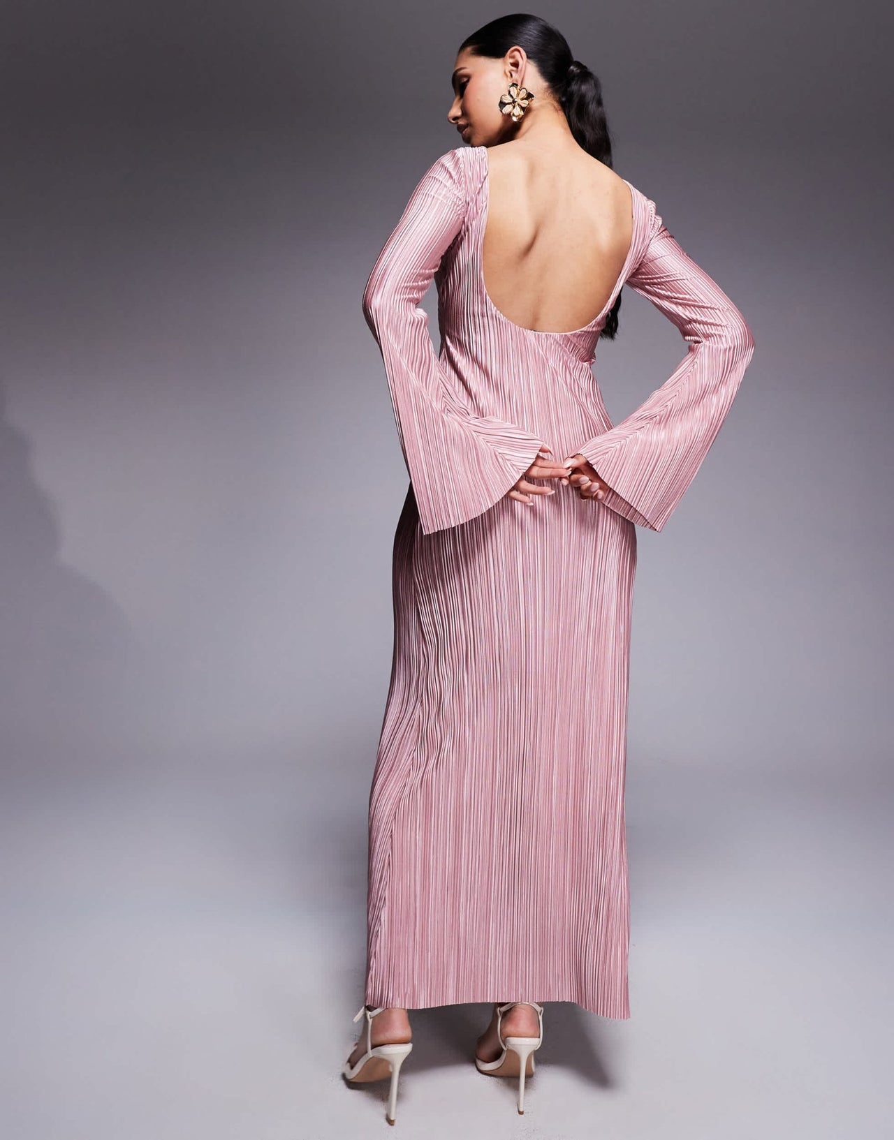ASOS DESIGN low back plisse maxi dress with angel sleeves in light pink - ASOS Sample Sale