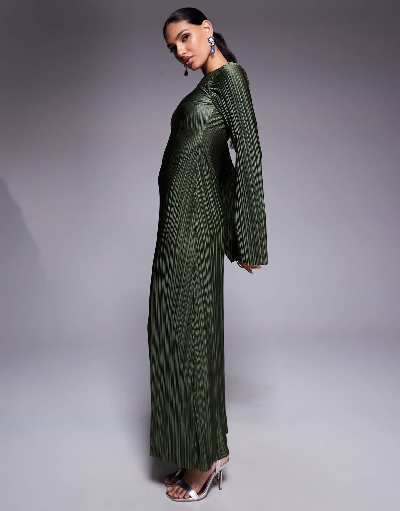 ASOS DESIGN low back plisse maxi dress with angel sleeves in soft khaki - ASOS Sample Sale