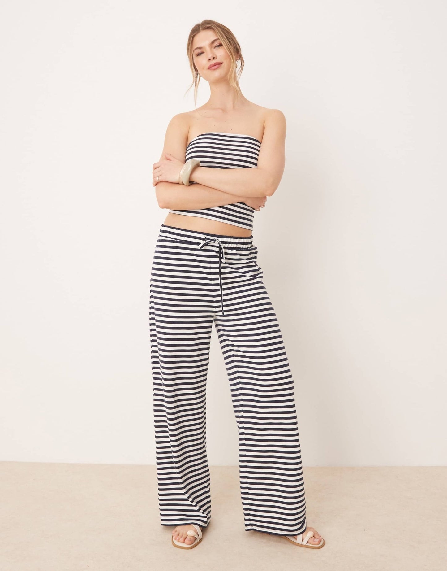 ASOS DESIGN low rise wide leg trouser co-ord in navy and white stripe - ASOS Sample Sale
