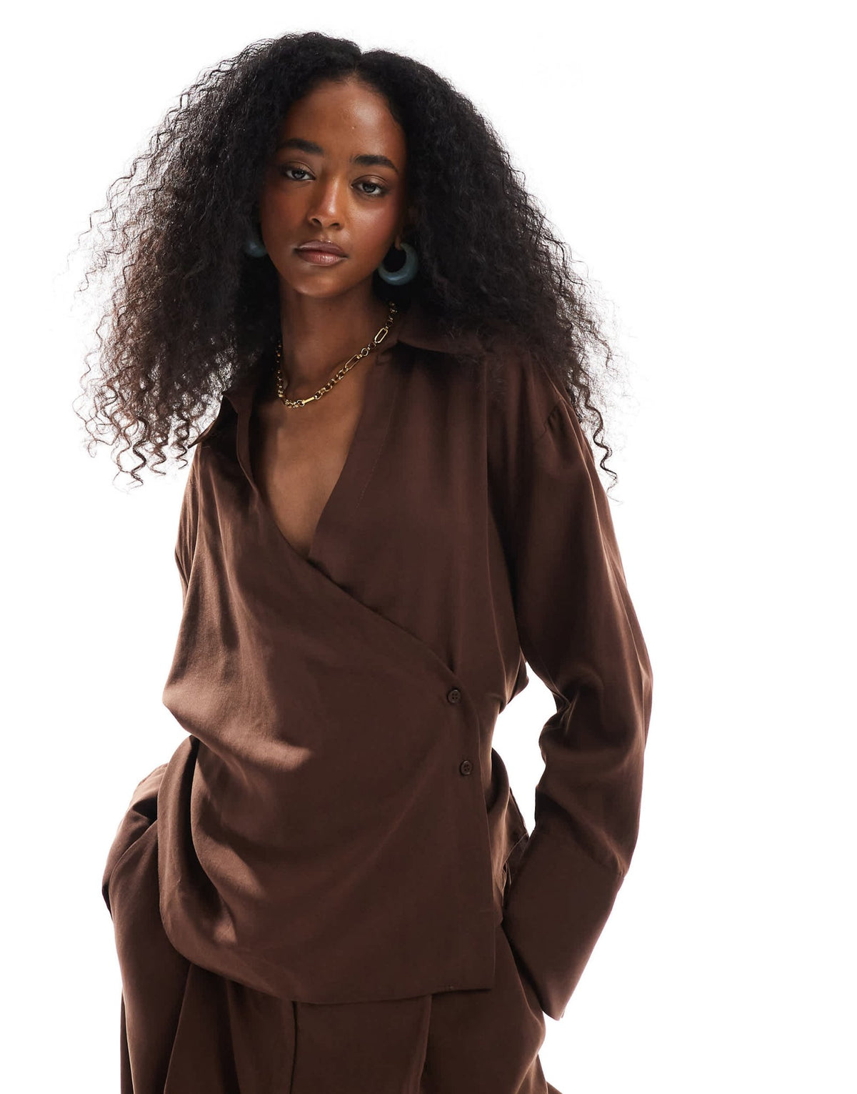ASOS DESIGN lyocell wrap tie detail shirt in chocolate co ord - ASOS Sample Sale