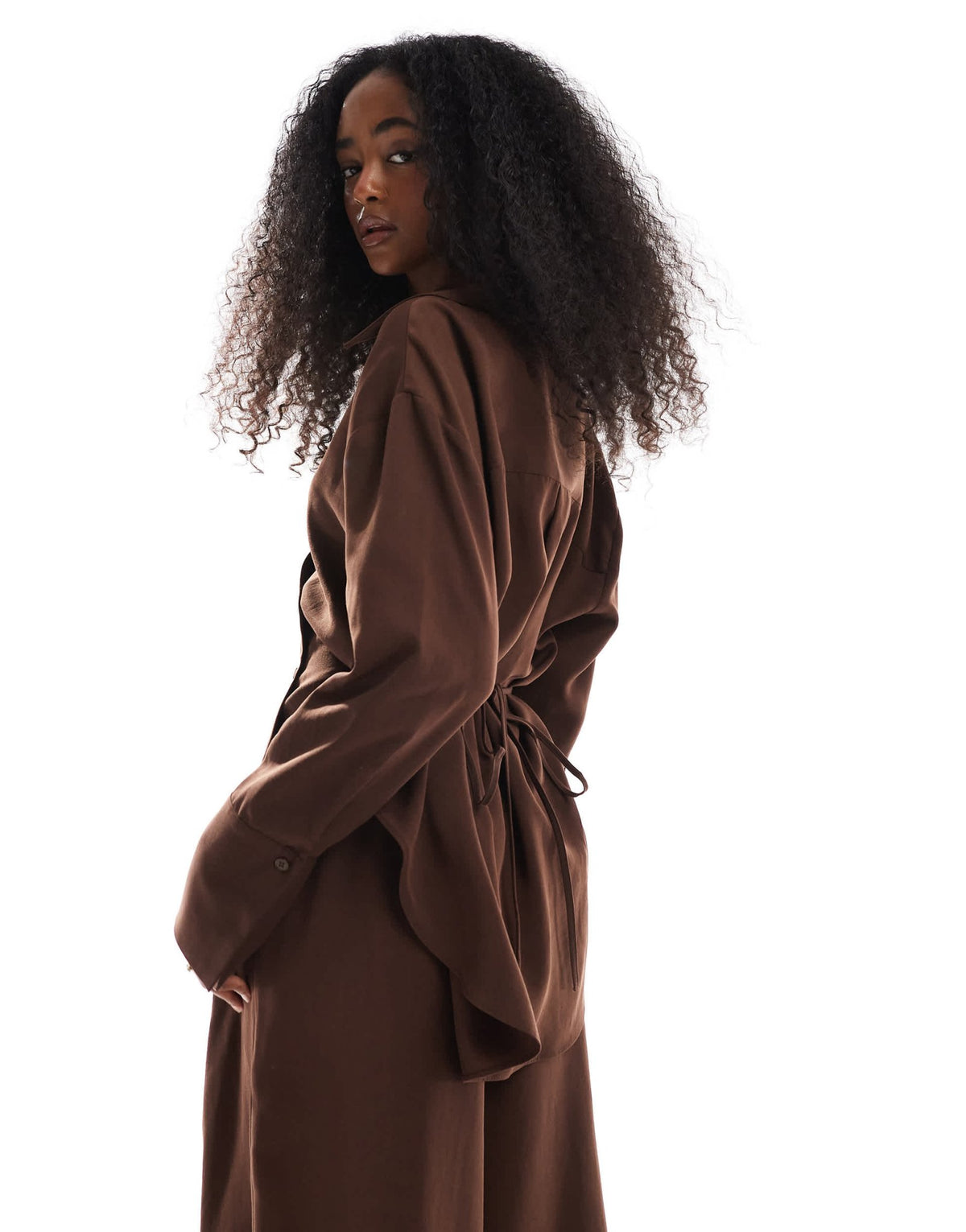 ASOS DESIGN lyocell wrap tie detail shirt in chocolate co ord - ASOS Sample Sale