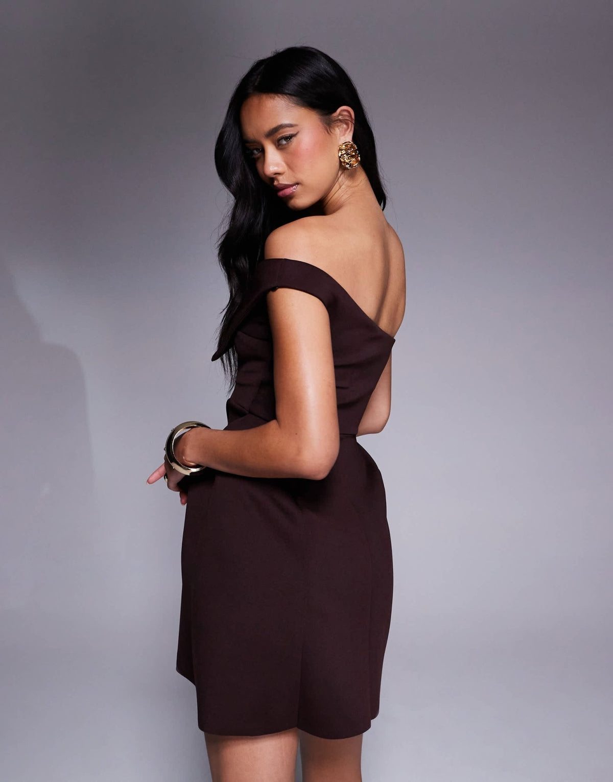 ASOS DESIGN manipulated fold over bandeau mini dress with boxy pleat skirt in chocolate in scuba-style fabric - ASOS Sample Sale