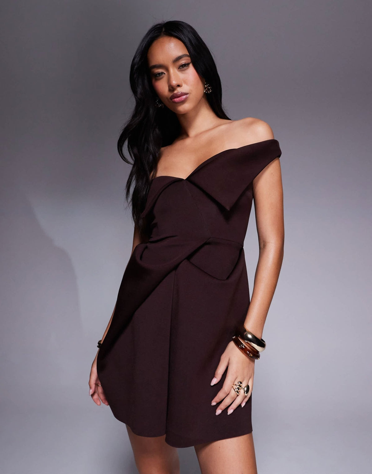 ASOS DESIGN manipulated fold over bandeau mini dress with boxy pleat skirt in chocolate in scuba-style fabric - ASOS Sample Sale