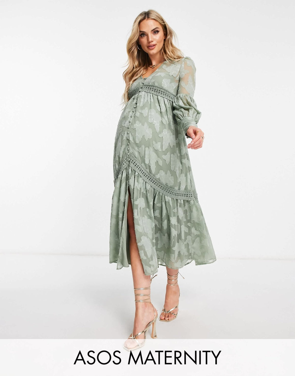 ASOS DESIGN Maternity button through midi shirt dress with lace inserts in burnout in khaki - ASOS Sample Sale