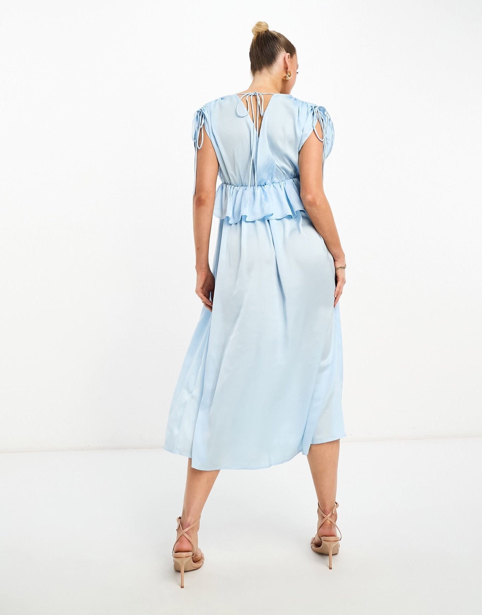 ASOS DESIGN Maternity embroidered satin midi dress with frill waist in pale blue - ASOS Sample Sale