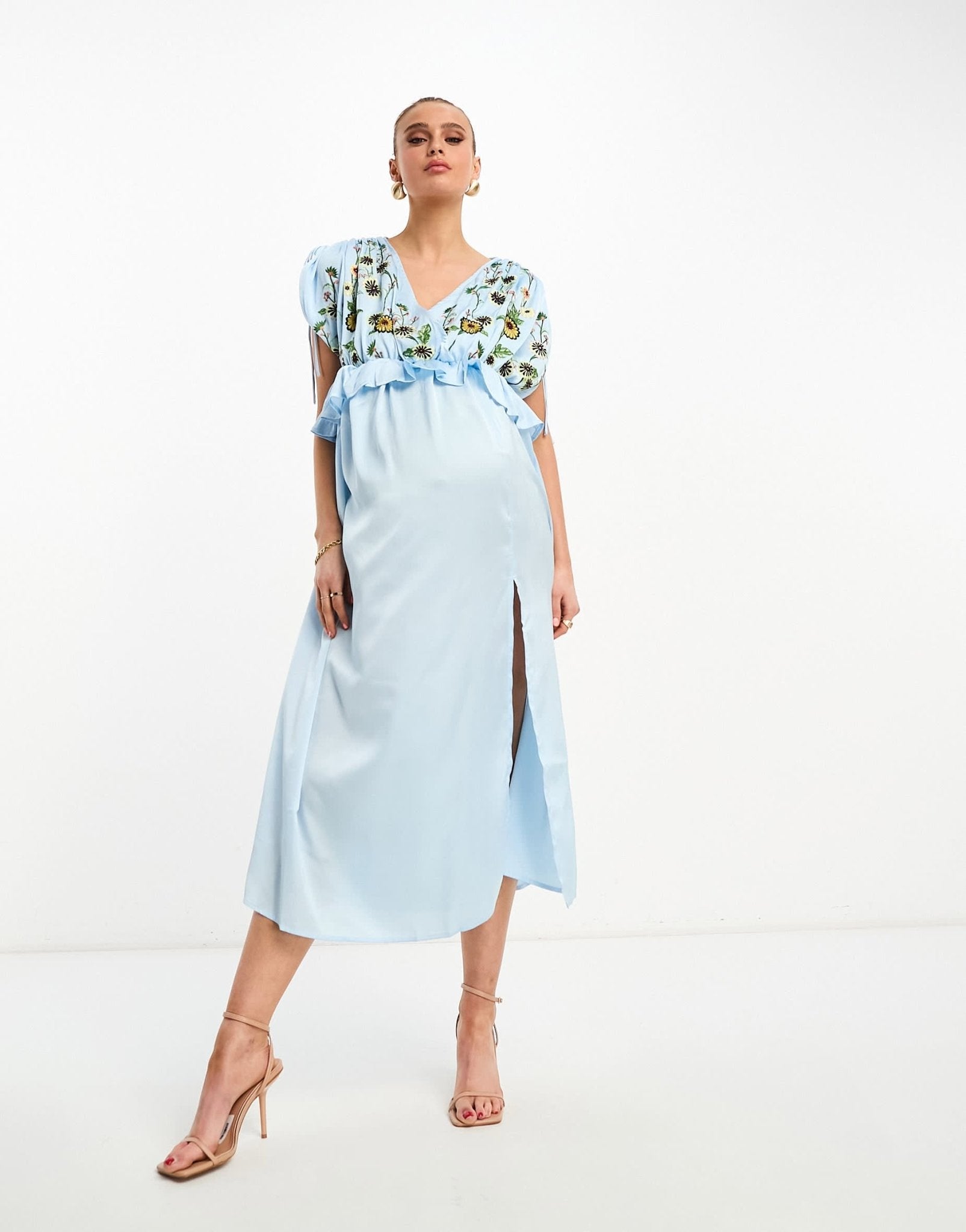 ASOS DESIGN Maternity embroidered satin midi dress with frill waist in