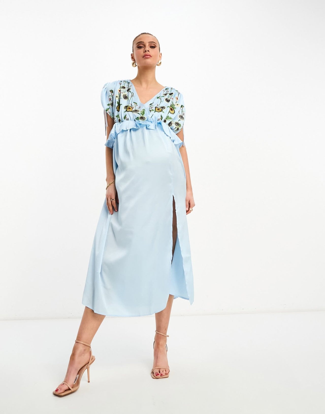 ASOS DESIGN Maternity embroidered satin midi dress with frill waist in pale blue - ASOS Sample Sale