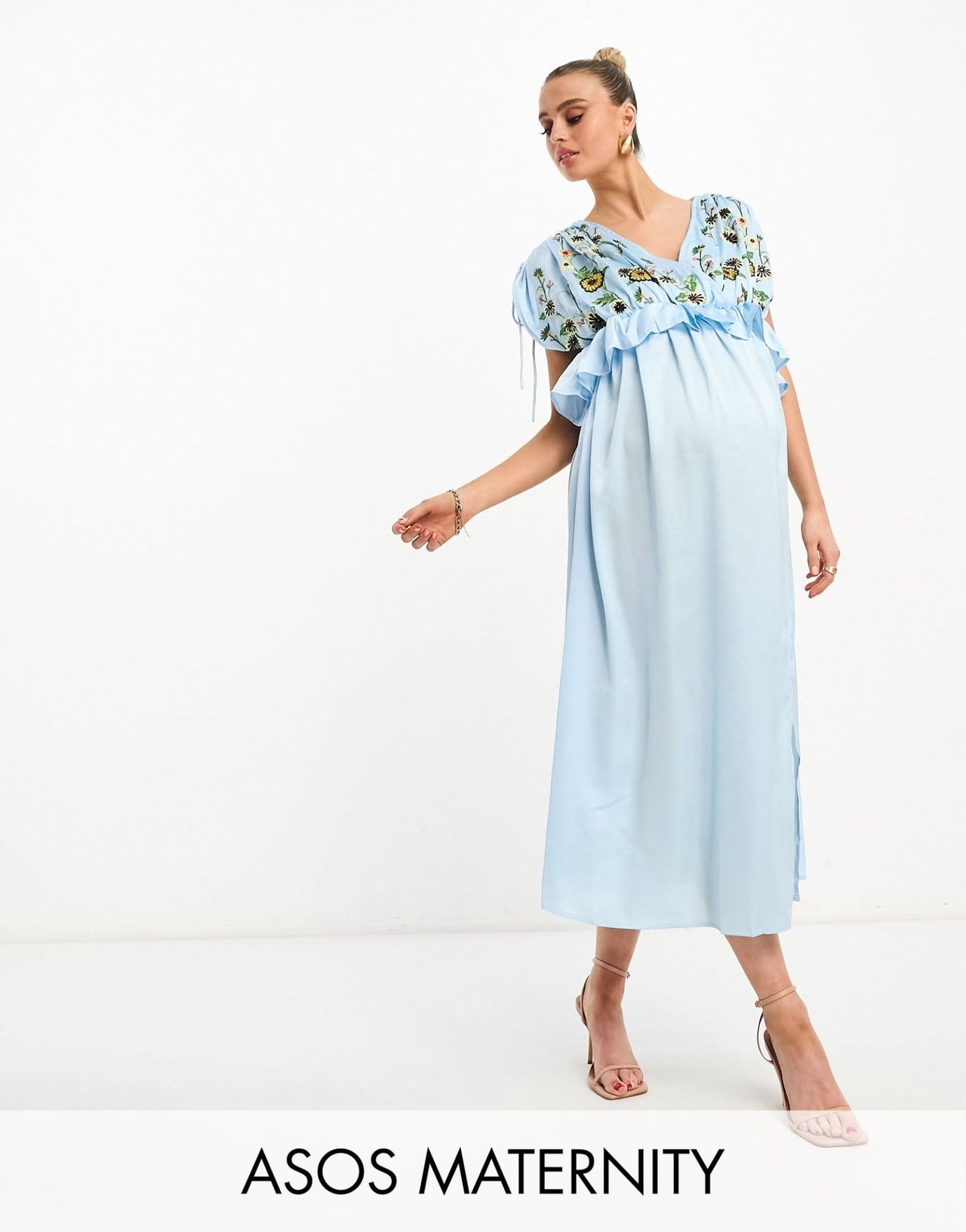ASOS DESIGN Maternity embroidered satin midi dress with frill waist in – ASOS Sample Sale