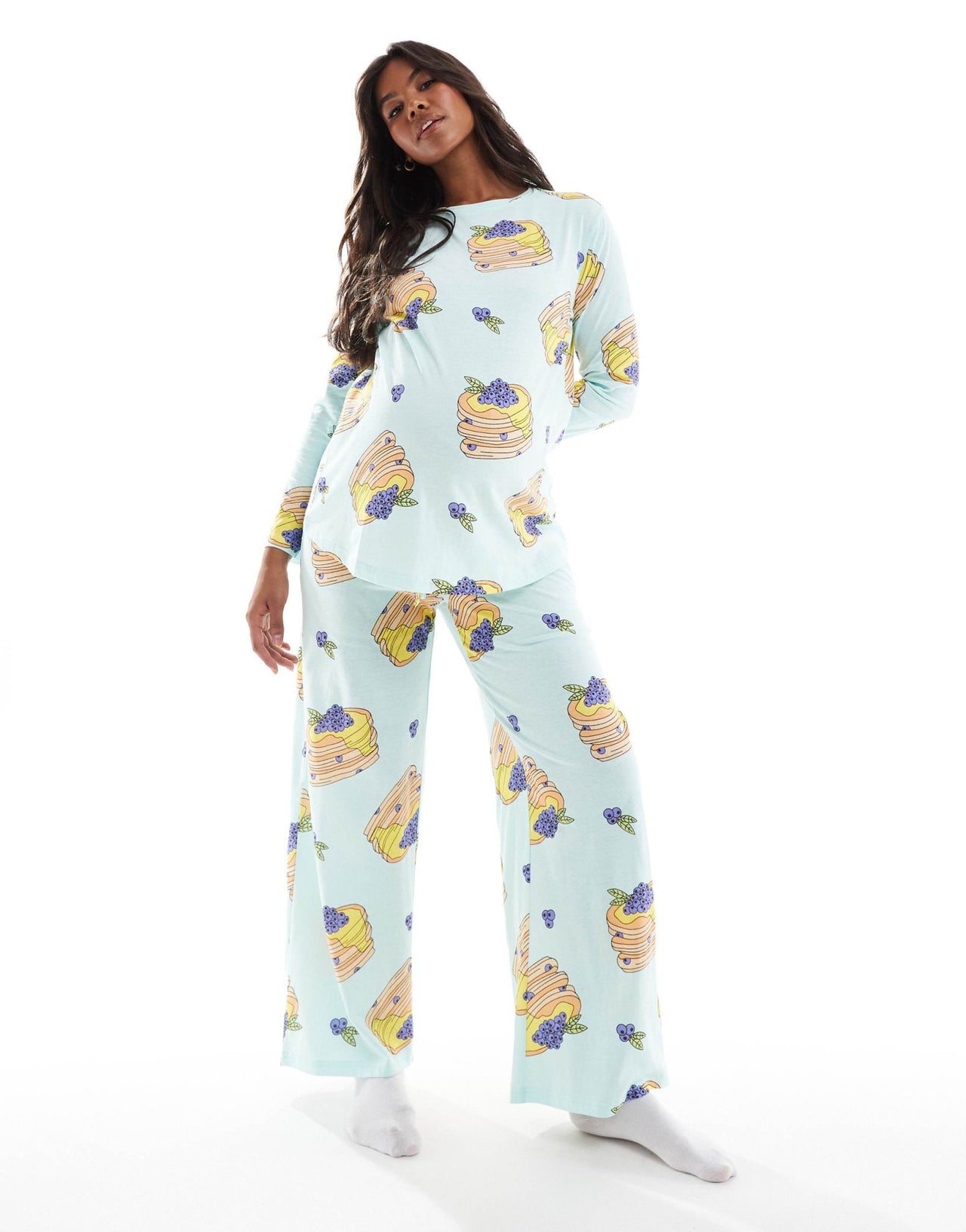 ASOS DESIGN Maternity pancakes long sleeve top & trouser pyjama set in blue - ASOS Sample Sale