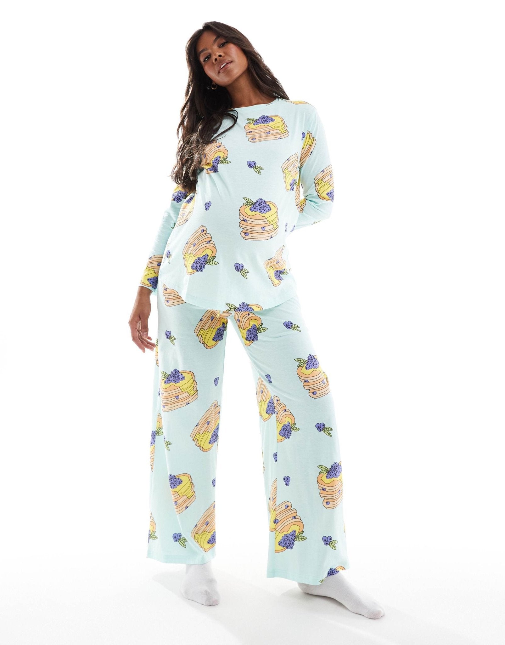 ASOS DESIGN Maternity pancakes long sleeve top & trouser pyjama set in blue - ASOS Sample Sale